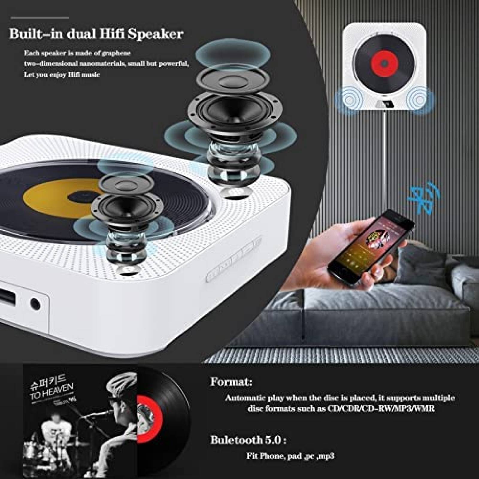 Reproductor de CD's Portatil Gimigo con Bocina Hifi -Blanco