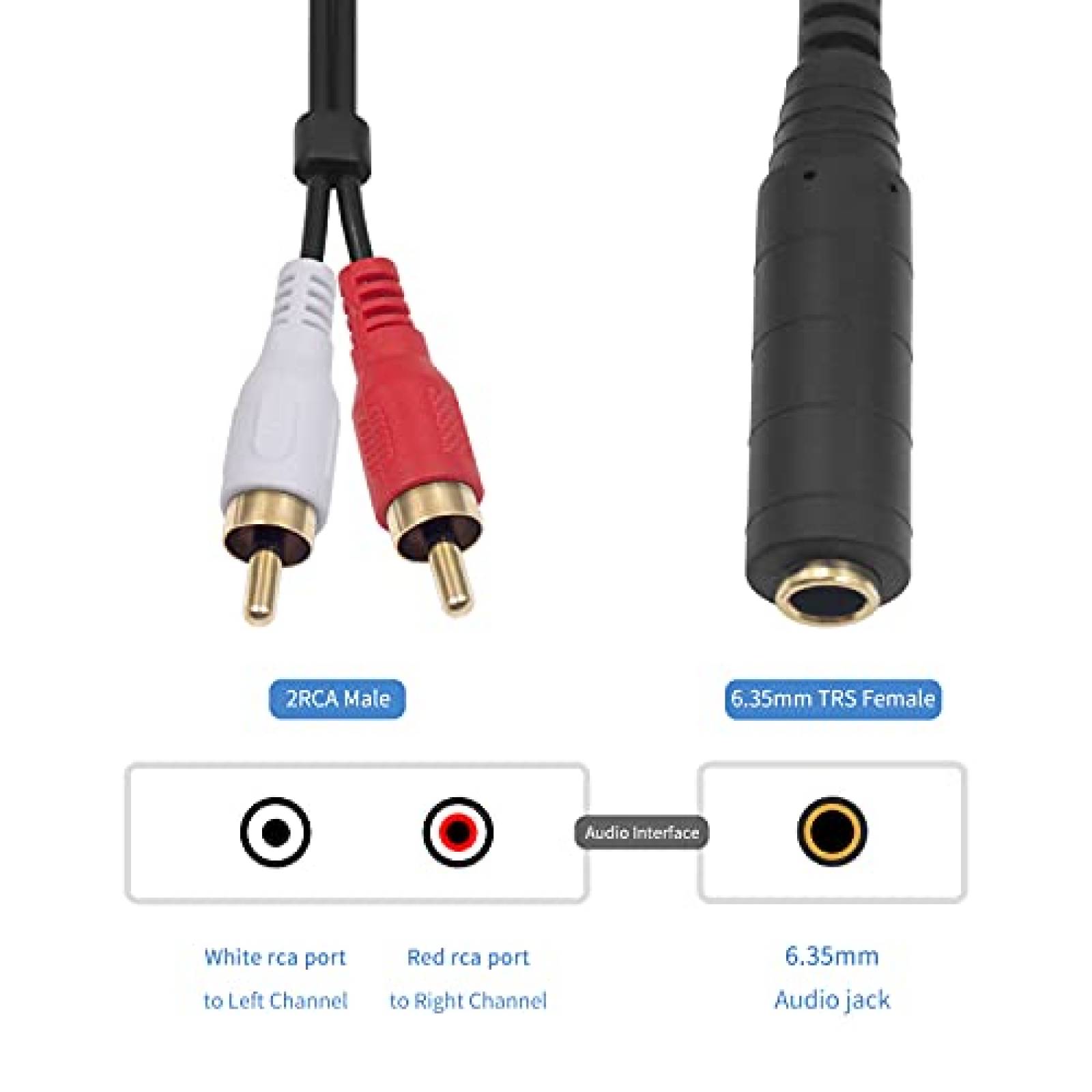 Cable 2 RCA a adaptador 1/4 hembra Poyiccot 2.6ft -Negro
