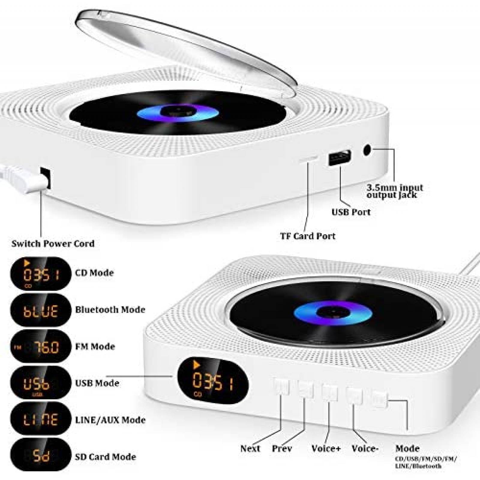 Gueray Reproductor de CD portátil con Bluetooth, reproductores de música de  CD de escritorio para el hogar, altavoces de sonido de alta fidelidad