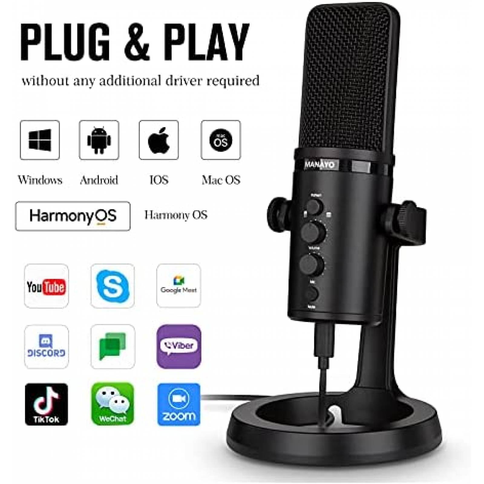 Microfono de condensador MANAYO de grabacion USB -Negro