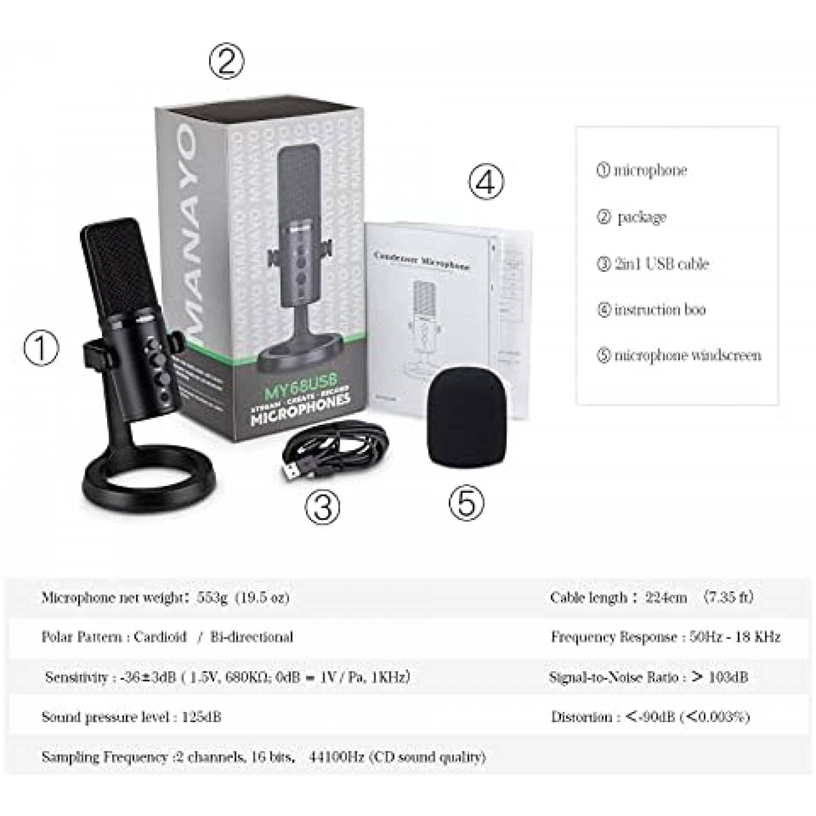 Microfono de condensador MANAYO de grabacion USB -Negro