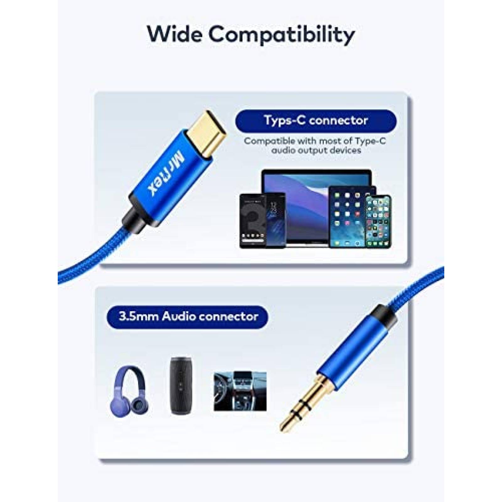 Cable USB C a audio aux 3.5mm Mr Rex 6.5ft trenzado -Azul