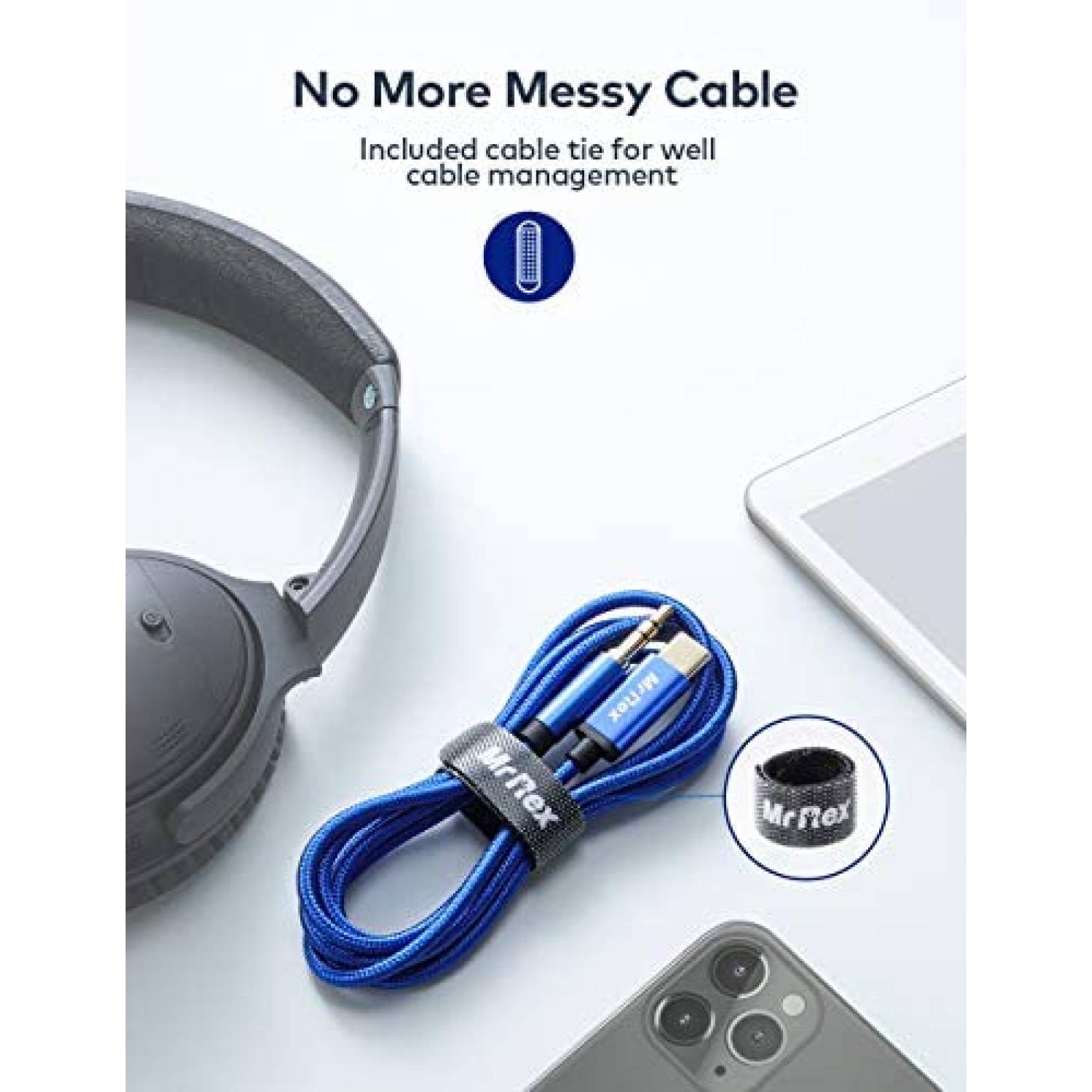 Cable USB C a audio aux 3.5mm Mr Rex 6.5ft trenzado -Azul