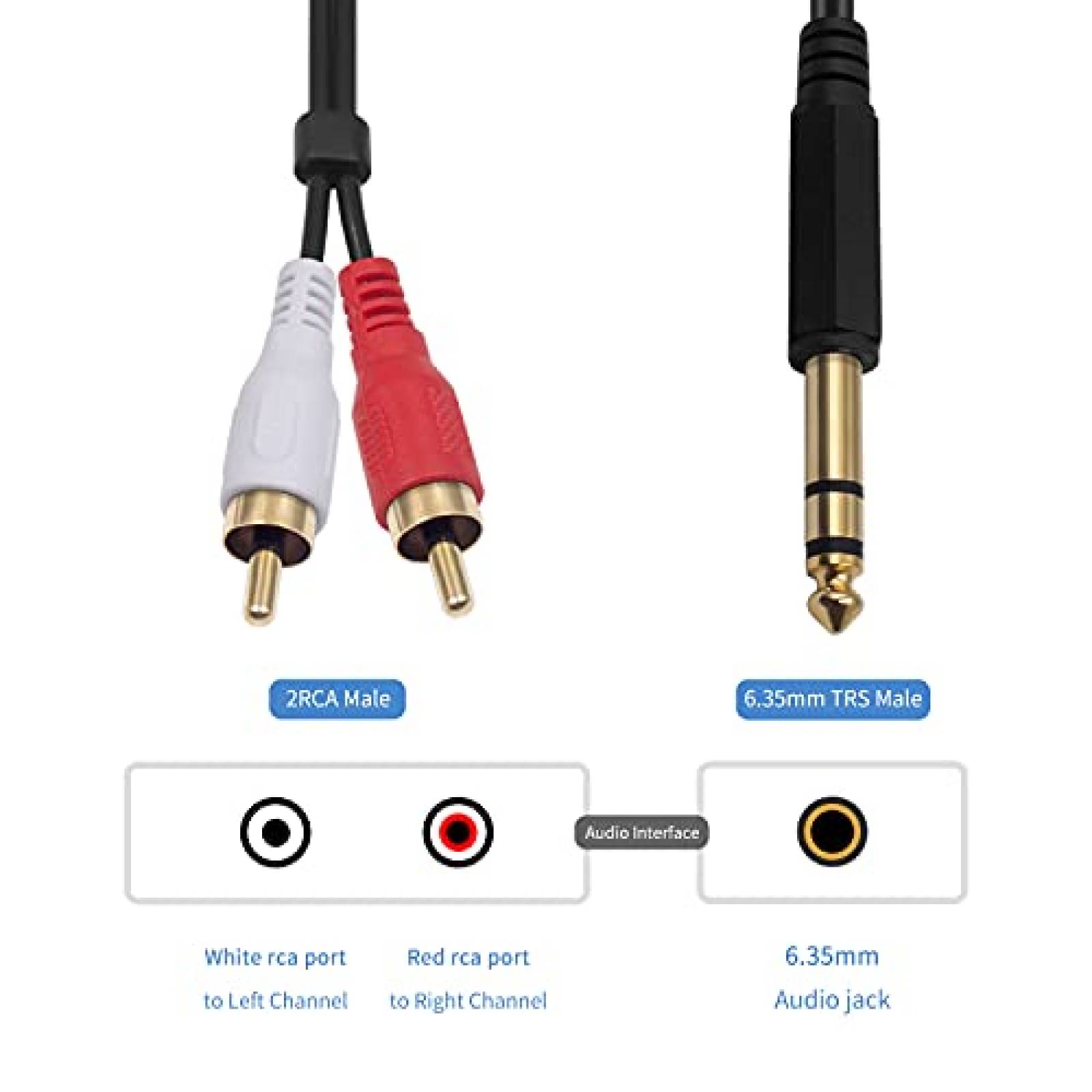 Cable 2 RCA a adaptador 1/4 macho Poyiccot 2.6ft -Negro