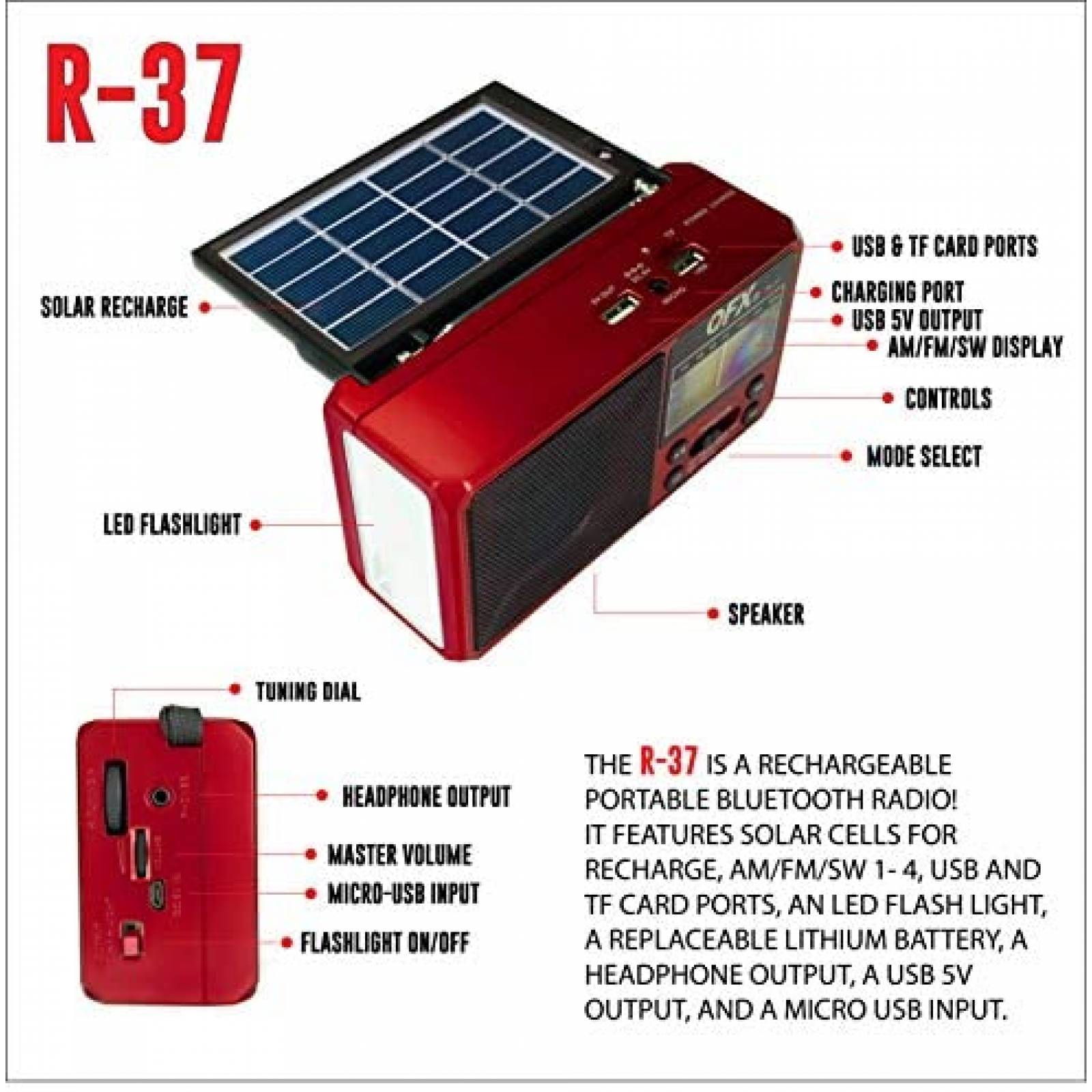 Radio con batería Recargable, Bluetooth, FM/Am / SW1-5, con Linterna, Cable  USB Carga Incluido