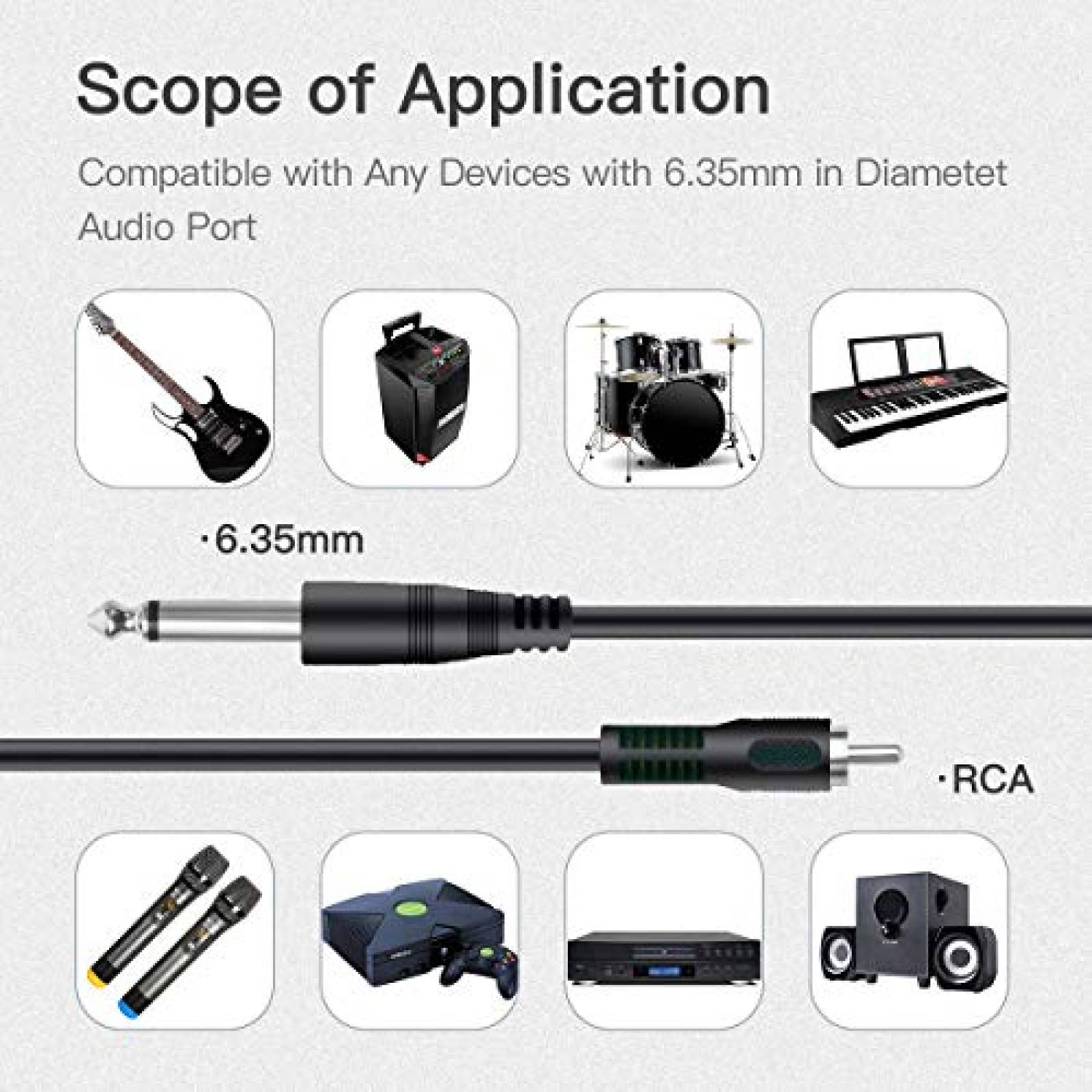 Pack cable RCA a 1/4" 6.35mm RFAdapter x2 de 3ft -Negro