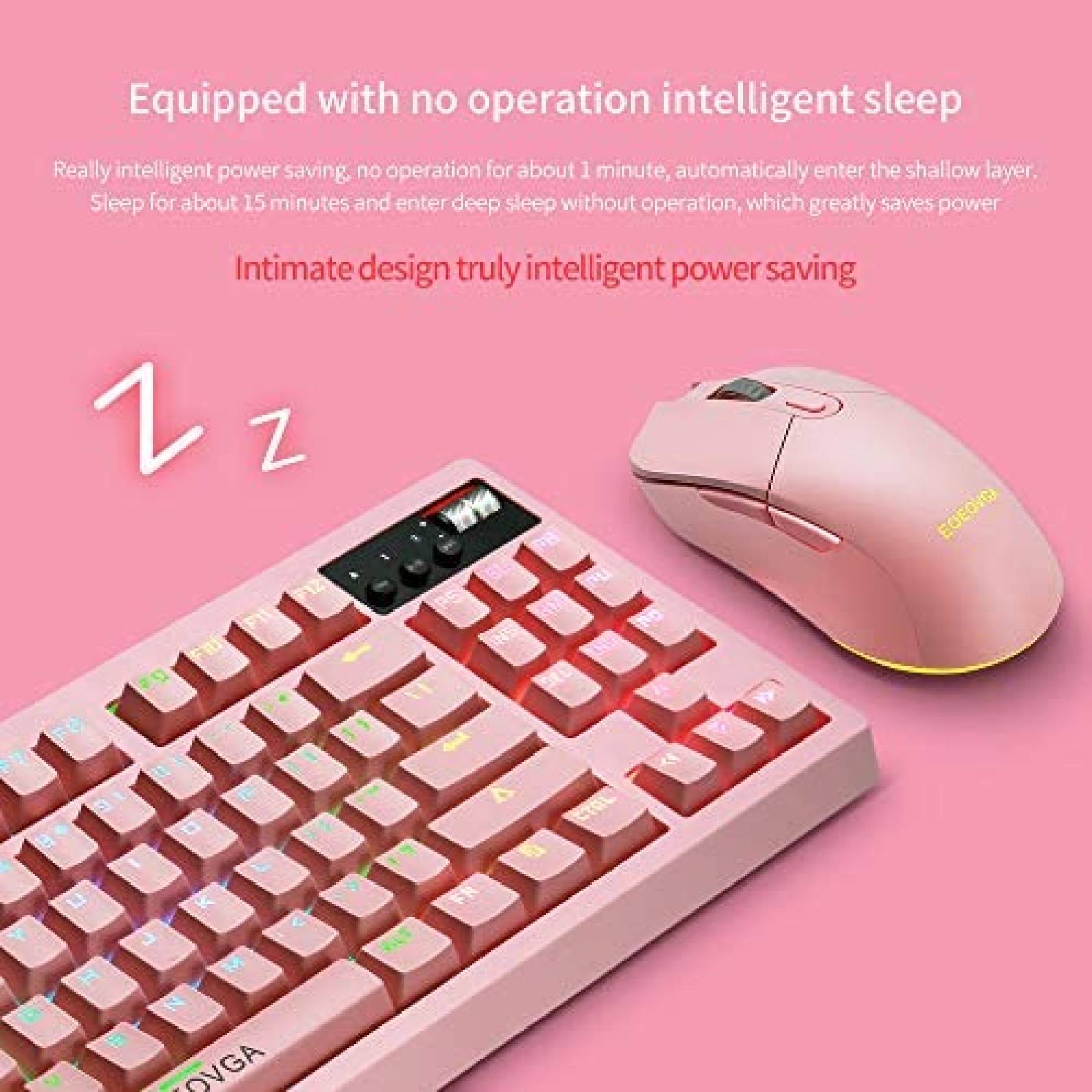 Teclado Gamer EQEOVGA K51 RGB Inalambrico con Mouse -Rosa