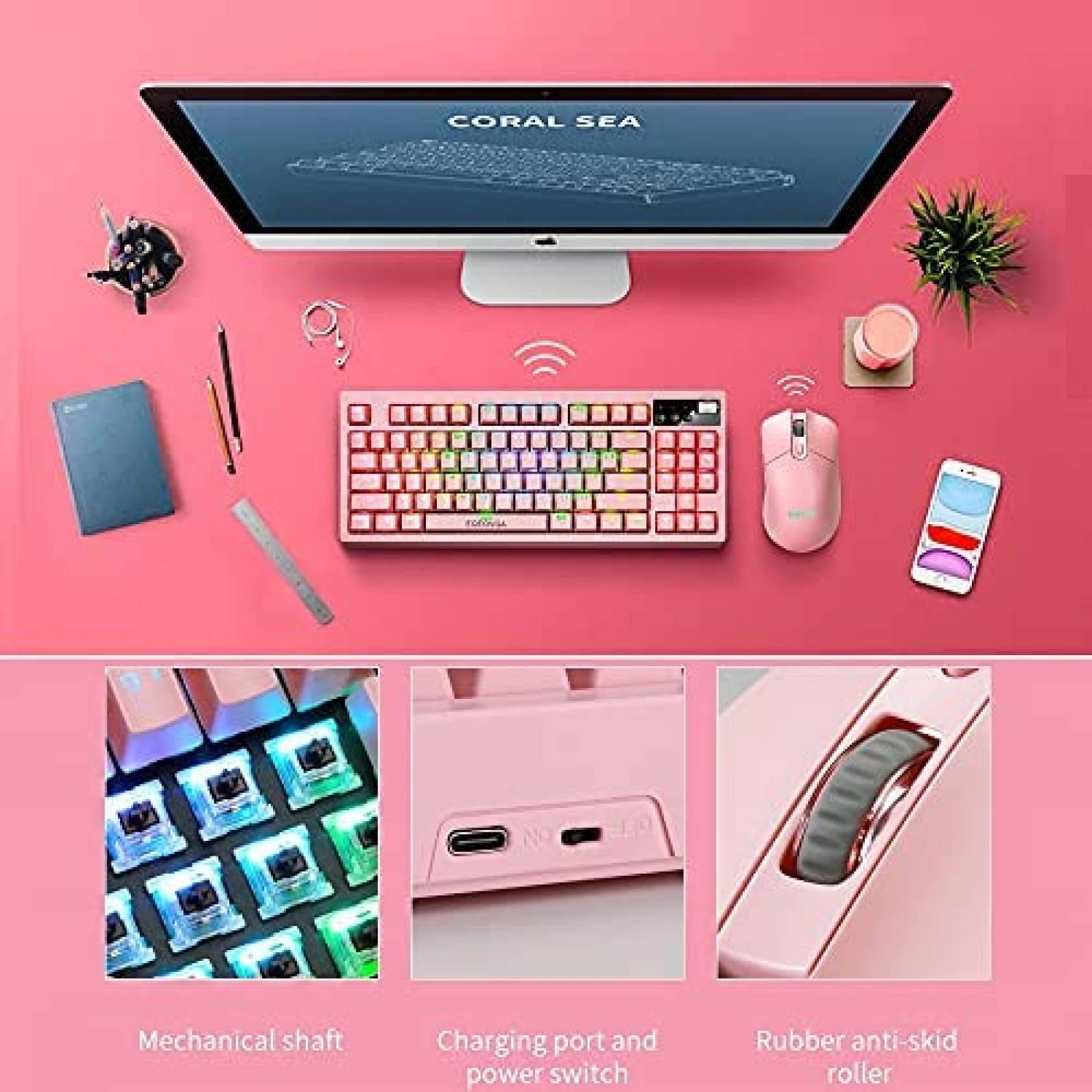 Teclado Gamer EQEOVGA K51 RGB Inalambrico con Mouse -Rosa