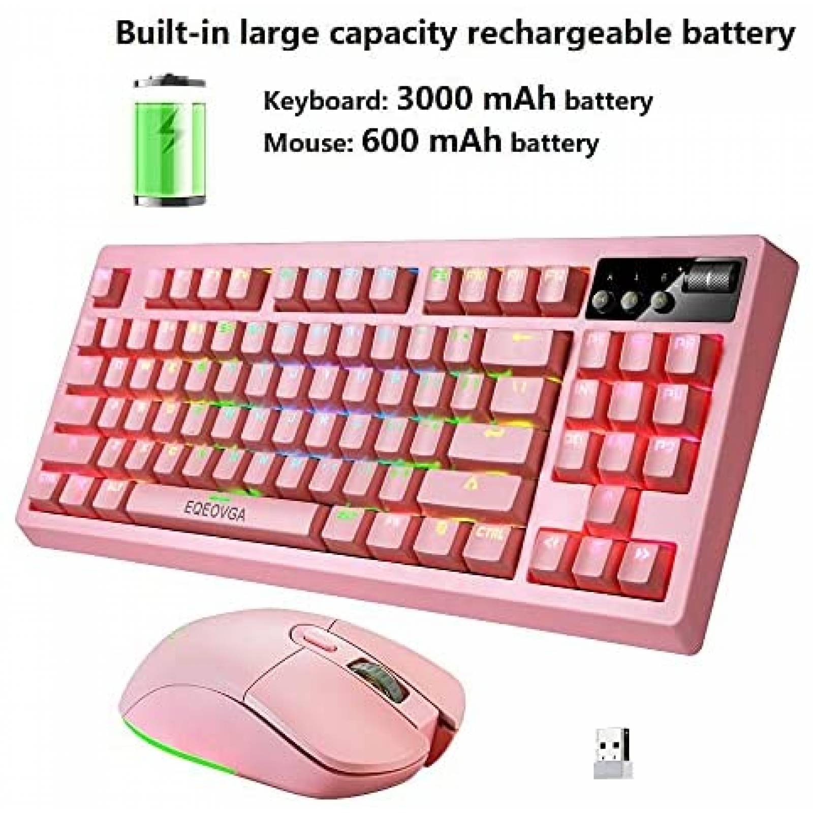 Teclado Gamer EQEOVGA K51 RGB Inalambrico con Mouse -Rosa