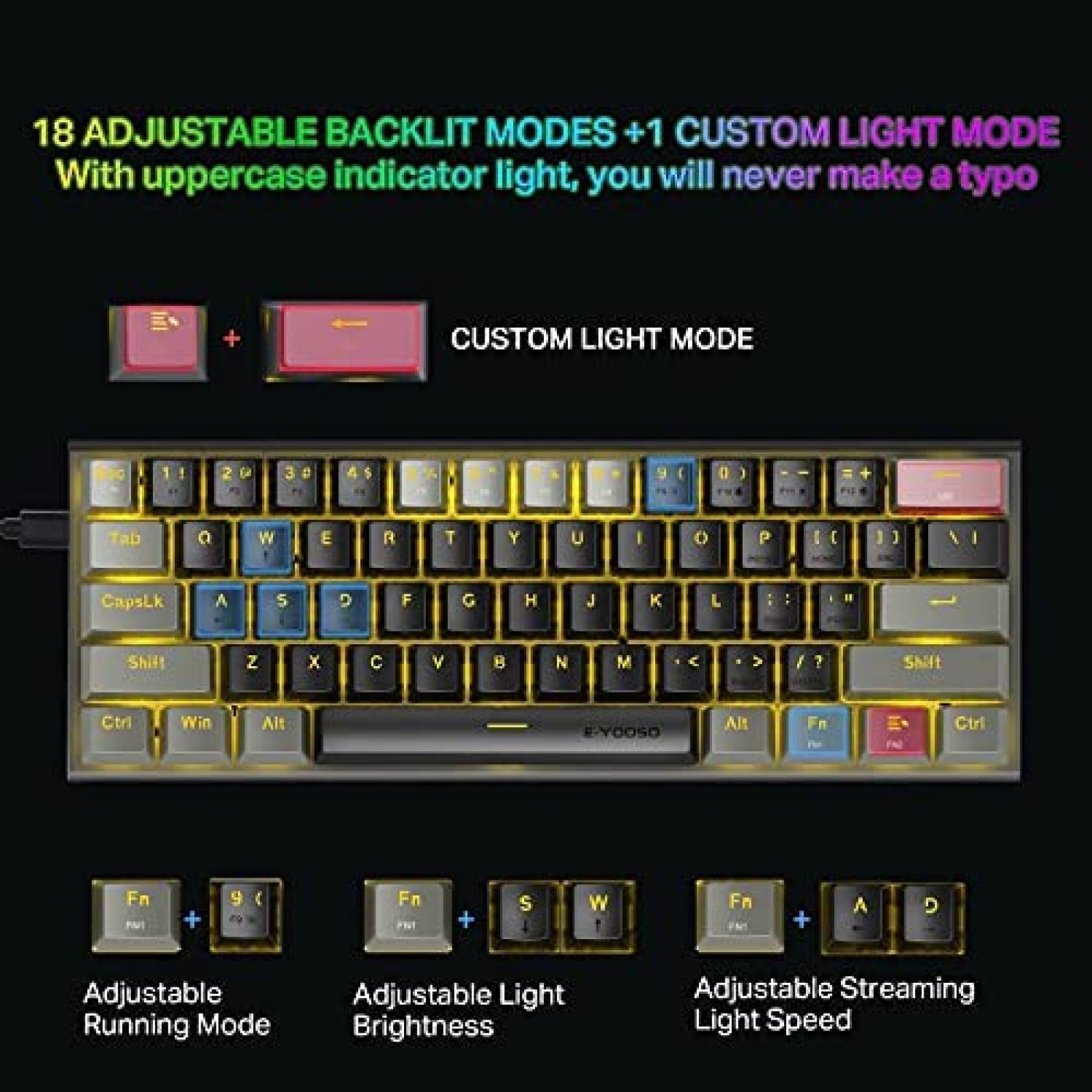 Teclado Gamer 60% Mecanico E-YOOSO de 61 Teclas -Negro