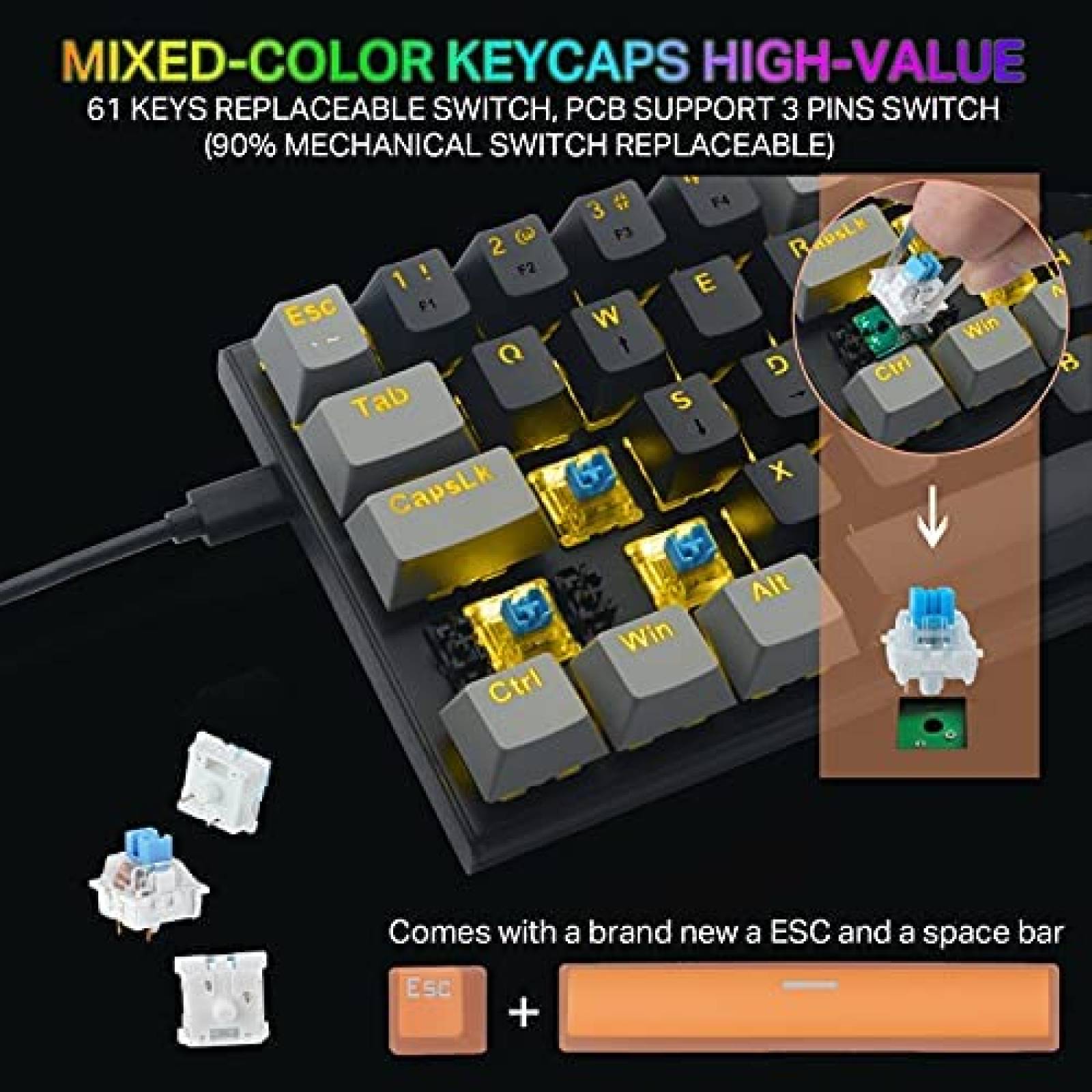 Teclado Gamer 60% Mecanico E-YOOSO de 61 Teclas -Negro