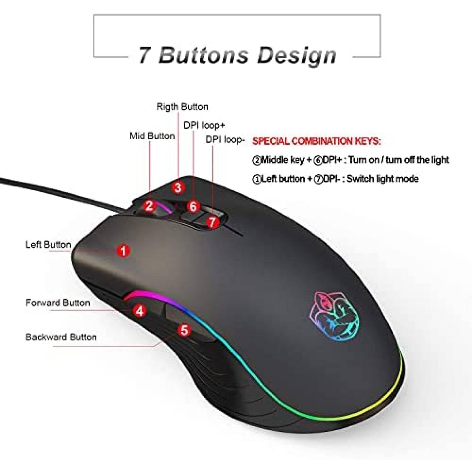 Mouse Generico 8000 DPI 1000Hz RGB 7 Botones -Negro