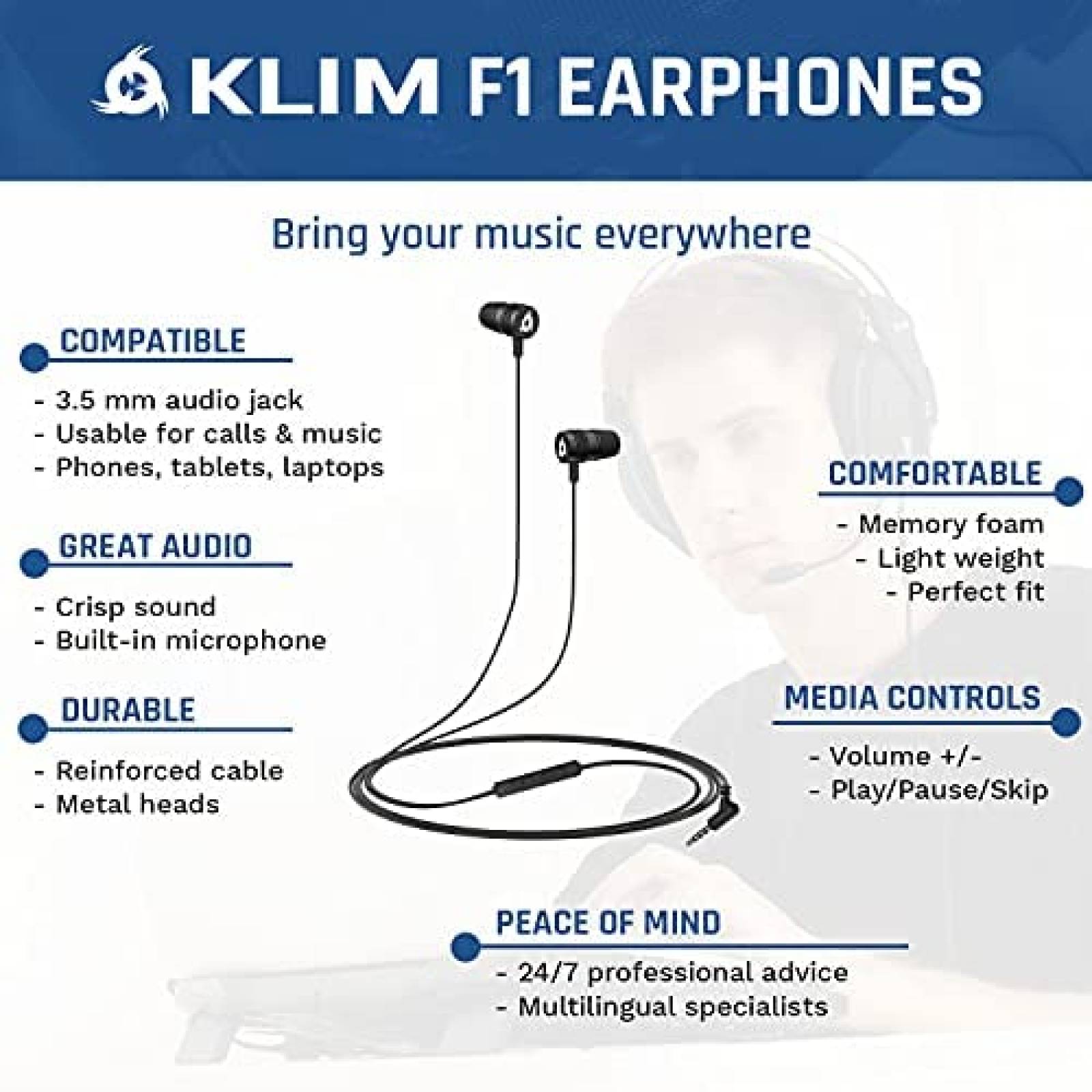Audifonos KLIM F1 con Microfono Incorporado -Negro