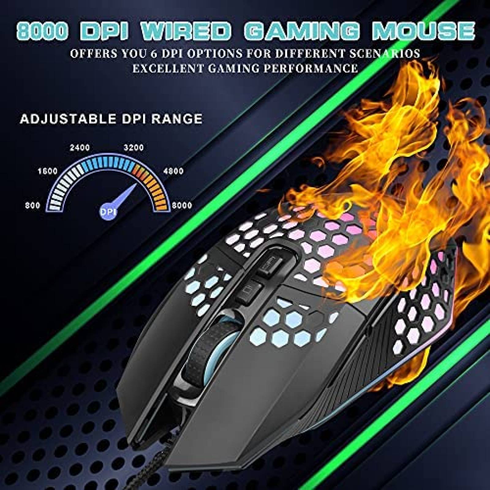 Mouse LETGOALL 8000 DPI RGB iluminacion con cable -Negro