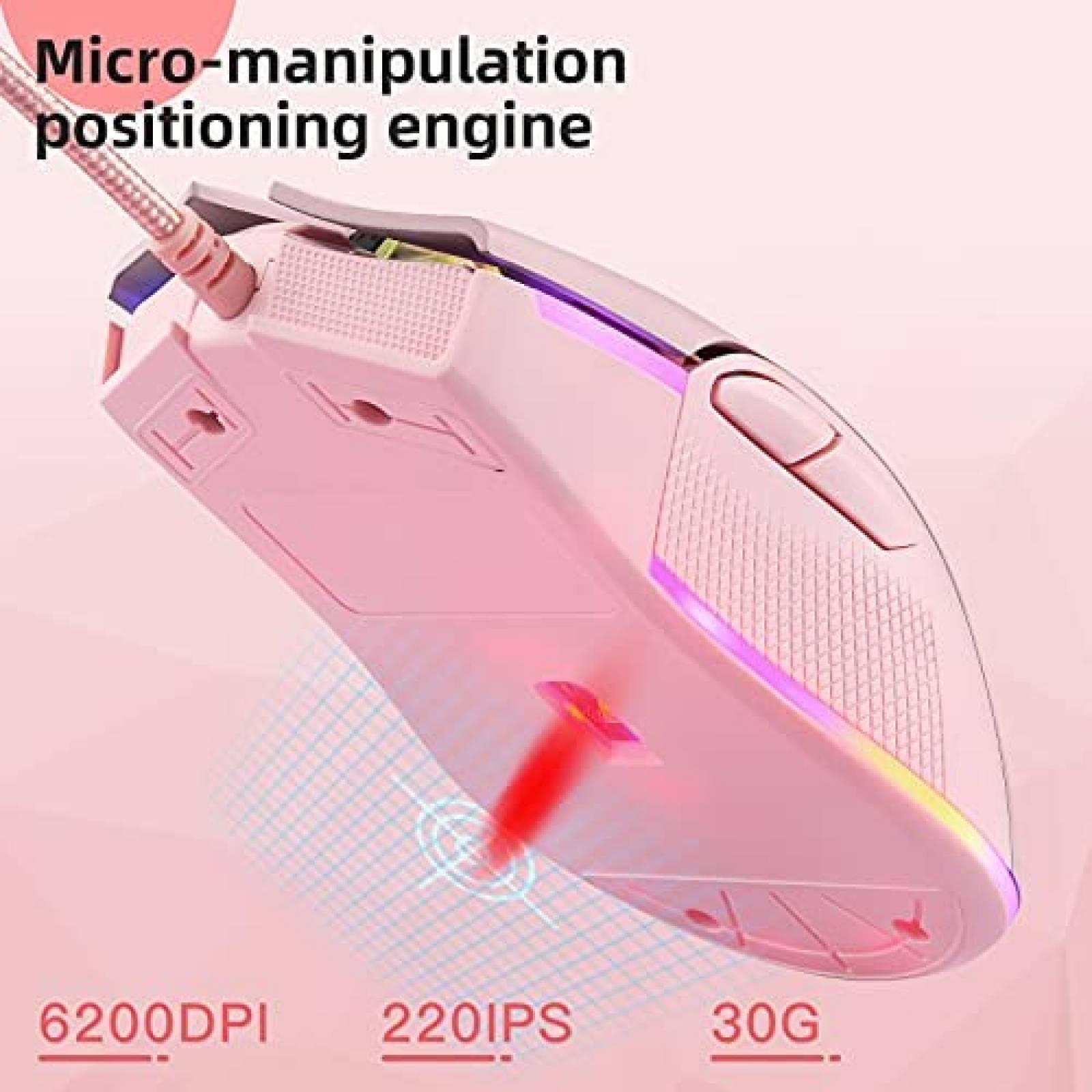 Mouse Gamer Motospeed V70 USB con DPI de 6400 -Rosa