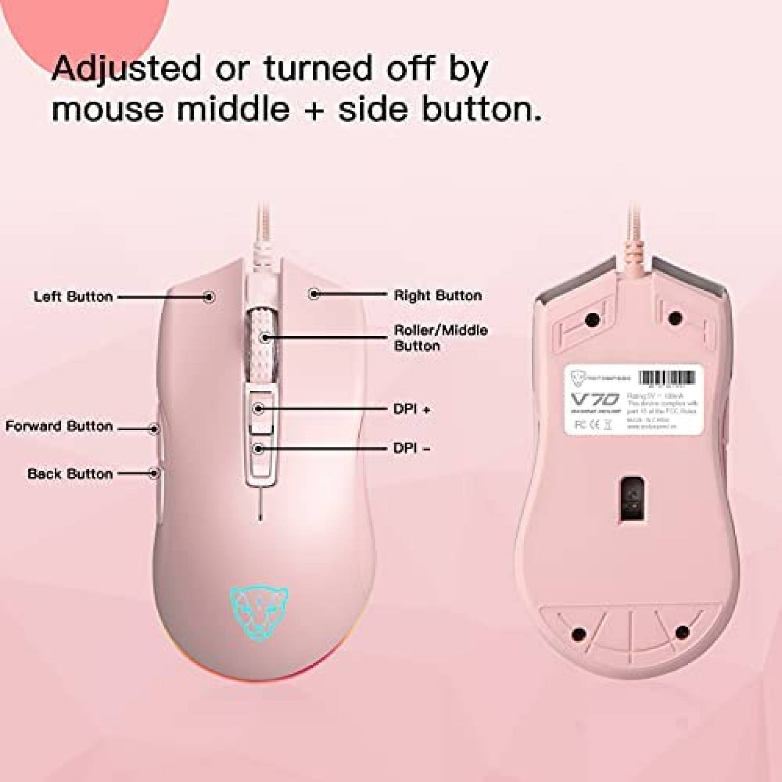 Mouse Gamer Motospeed V70 USB con DPI de 6400 -Rosa