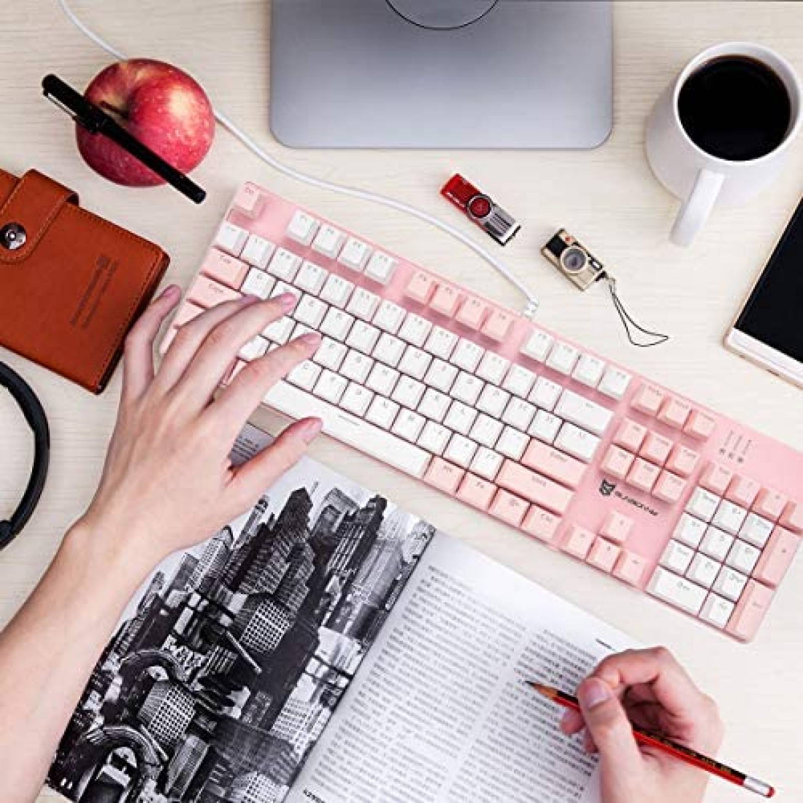 Teclado mecanico Qisan retroiluminado 104 de EE.UU. -Rosa