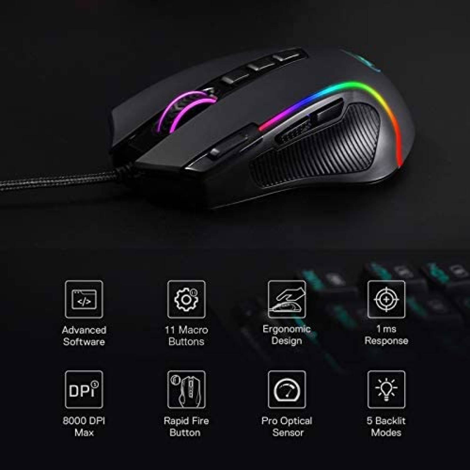 Mouse Redragon M612 Gaming RGB Programable Optico -Negro