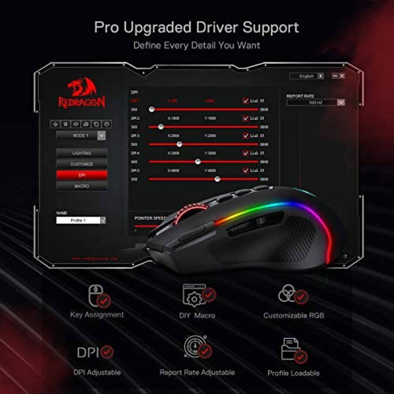 Mouse Redragon M612 Gaming RGB Programable Optico -Negro