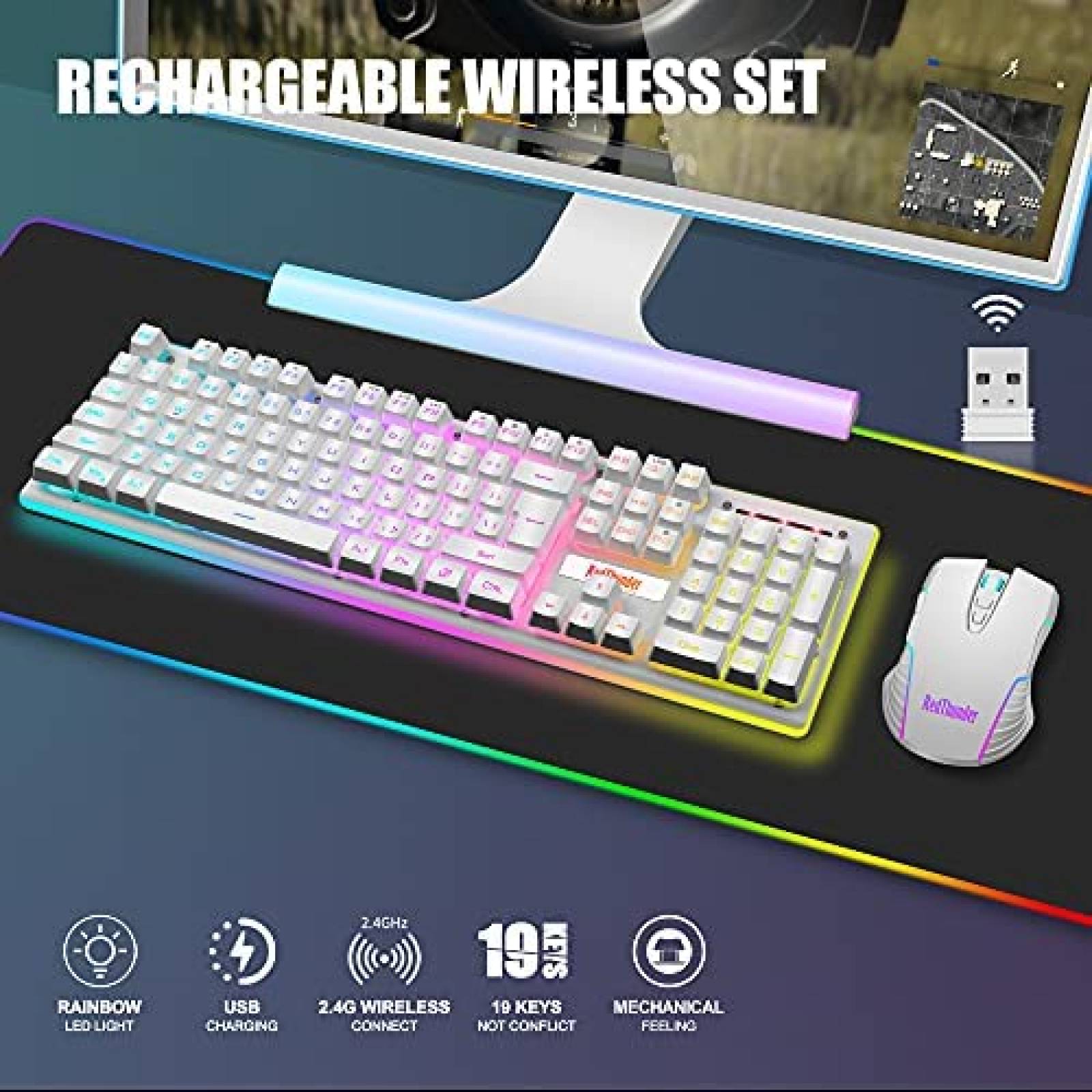 Teclado GAMER RedThunder K10 RGB 3800mAh 3200DPI -Blanco