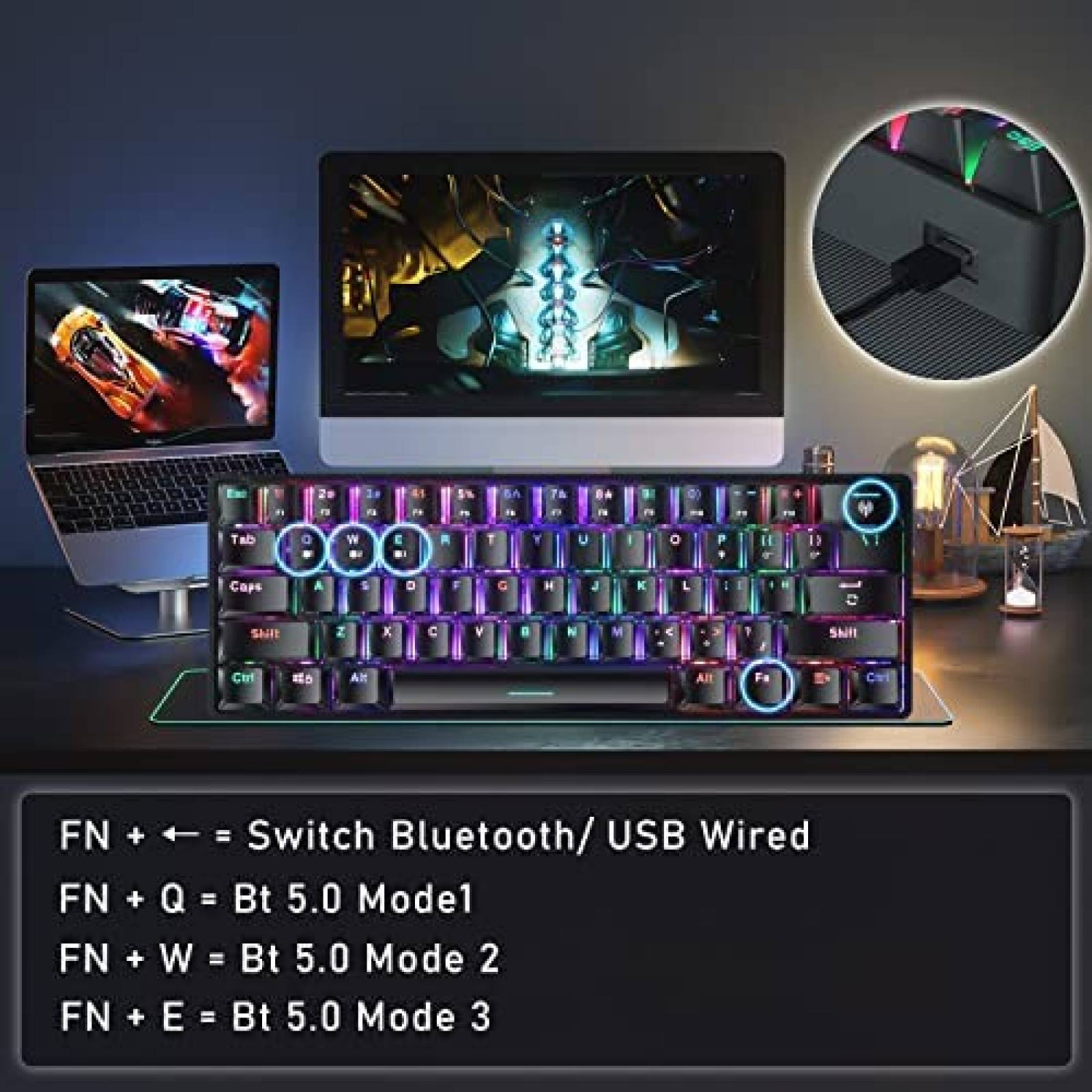 Teclado SOLAKAKA Mecanico Bluetooth 61 Teclas -Negro