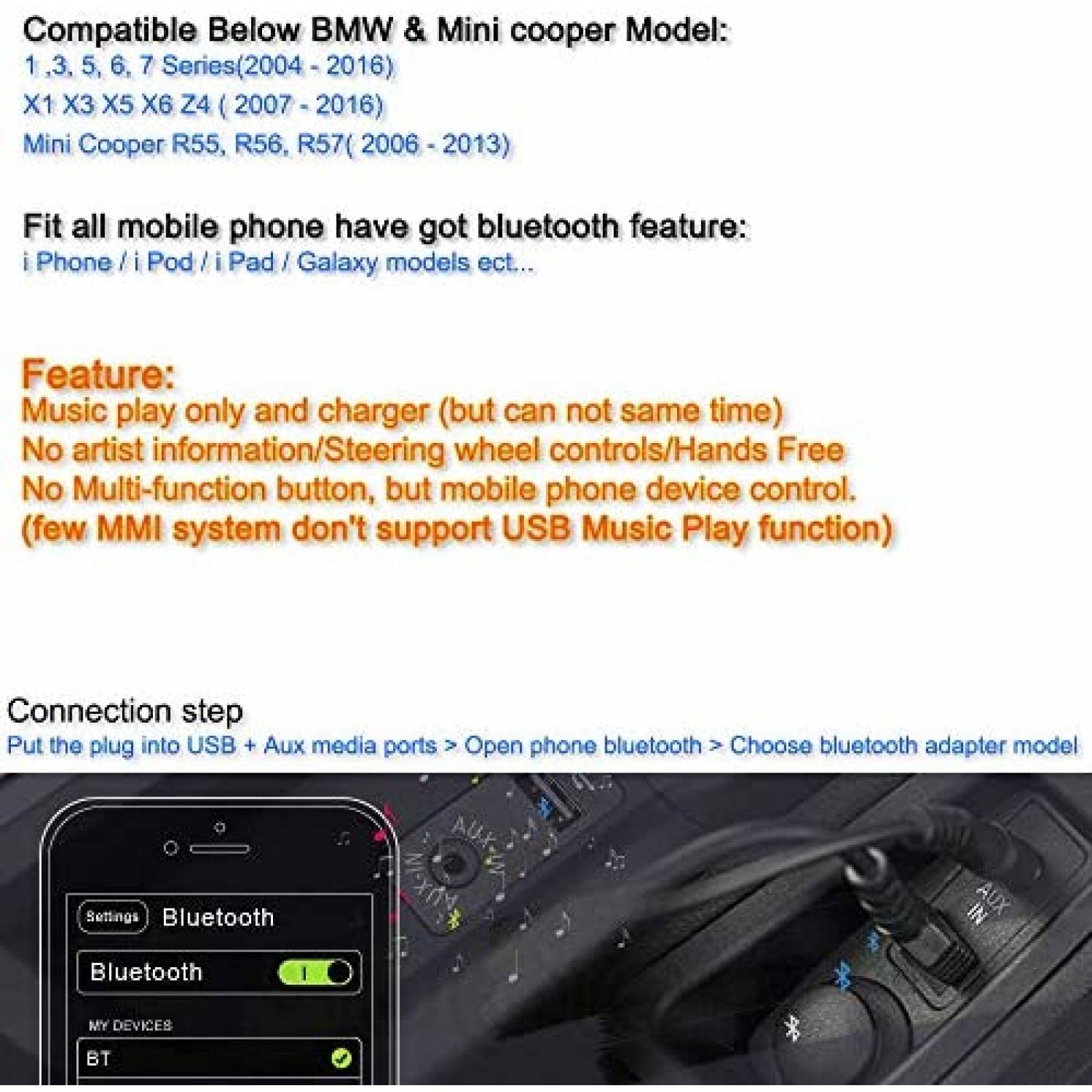 Adaptador Bluetooth Bojer USB AUX 16.53" p/Mini Cooper BMW