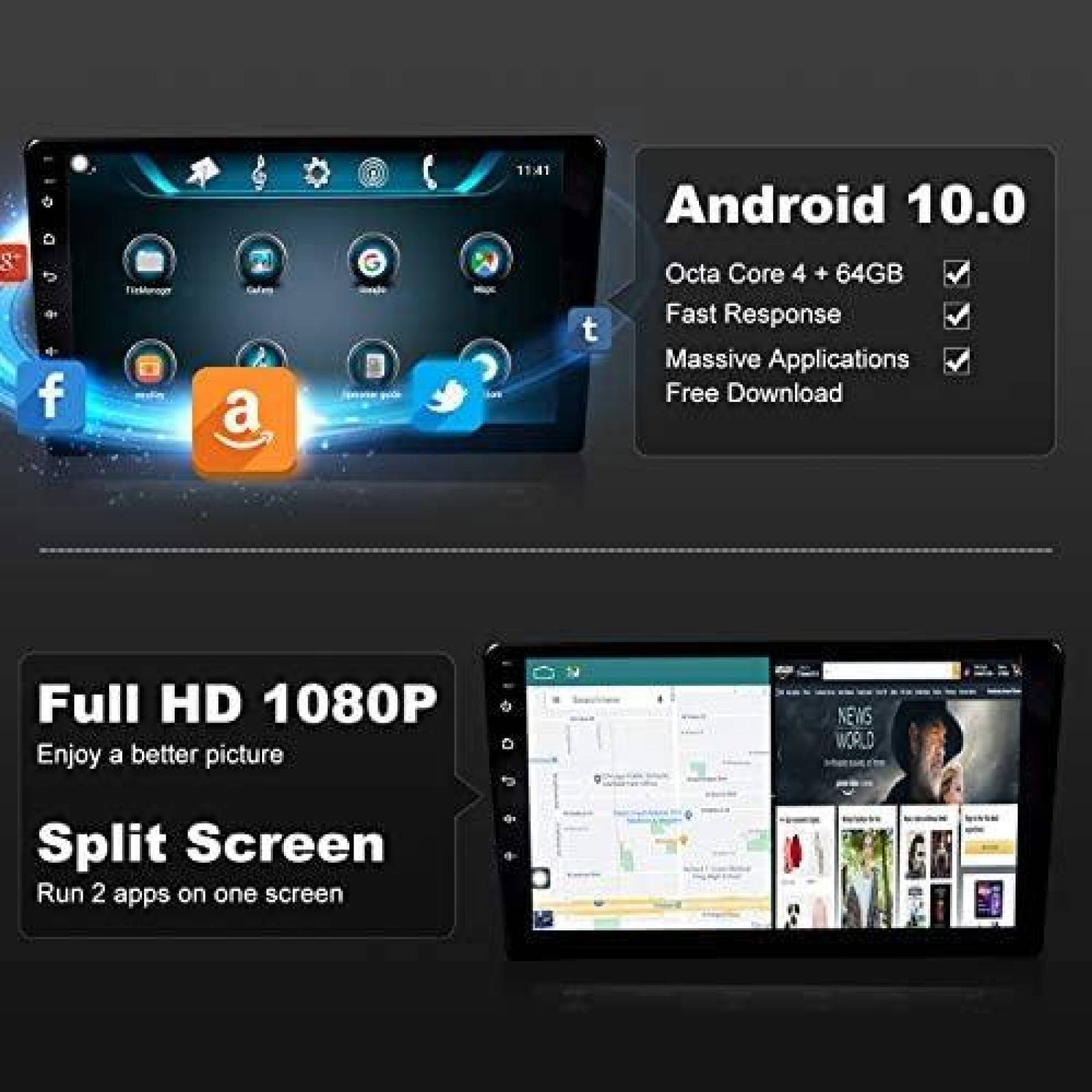 Estereo de Automovil IYING Android 10.0 AM/FM -Negro