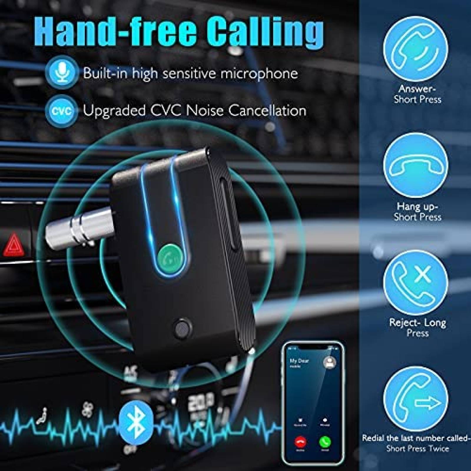 Adaptador Bluetooth para Coche LENCENT Adaptador AUX -Negro