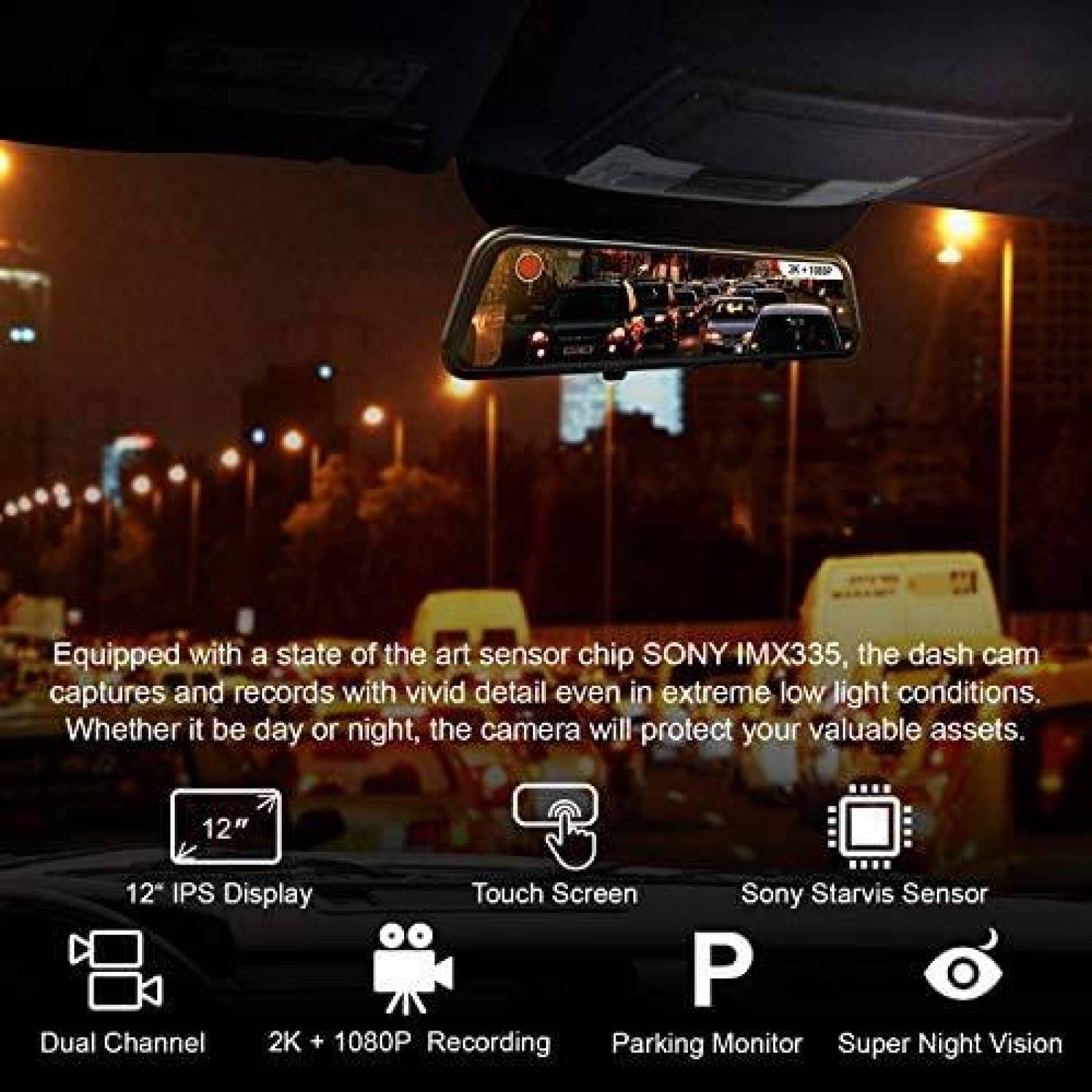 Dash Cam REXING M1 PRO Doble Espejo IPS 12'' Tactil -Negro