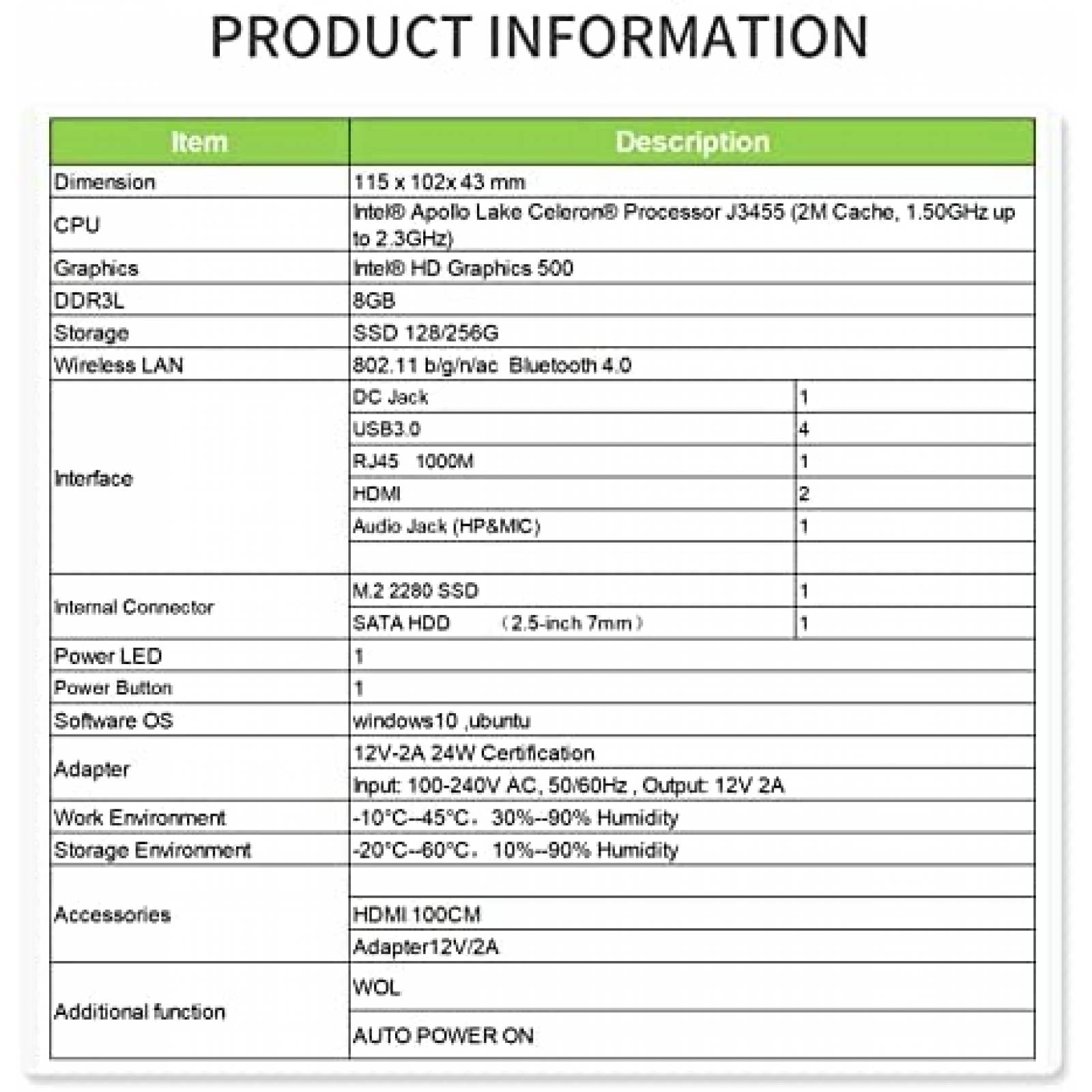 Mini PC Intel GK35 J3455 Graphics 500 8GB 128GB Windows 10