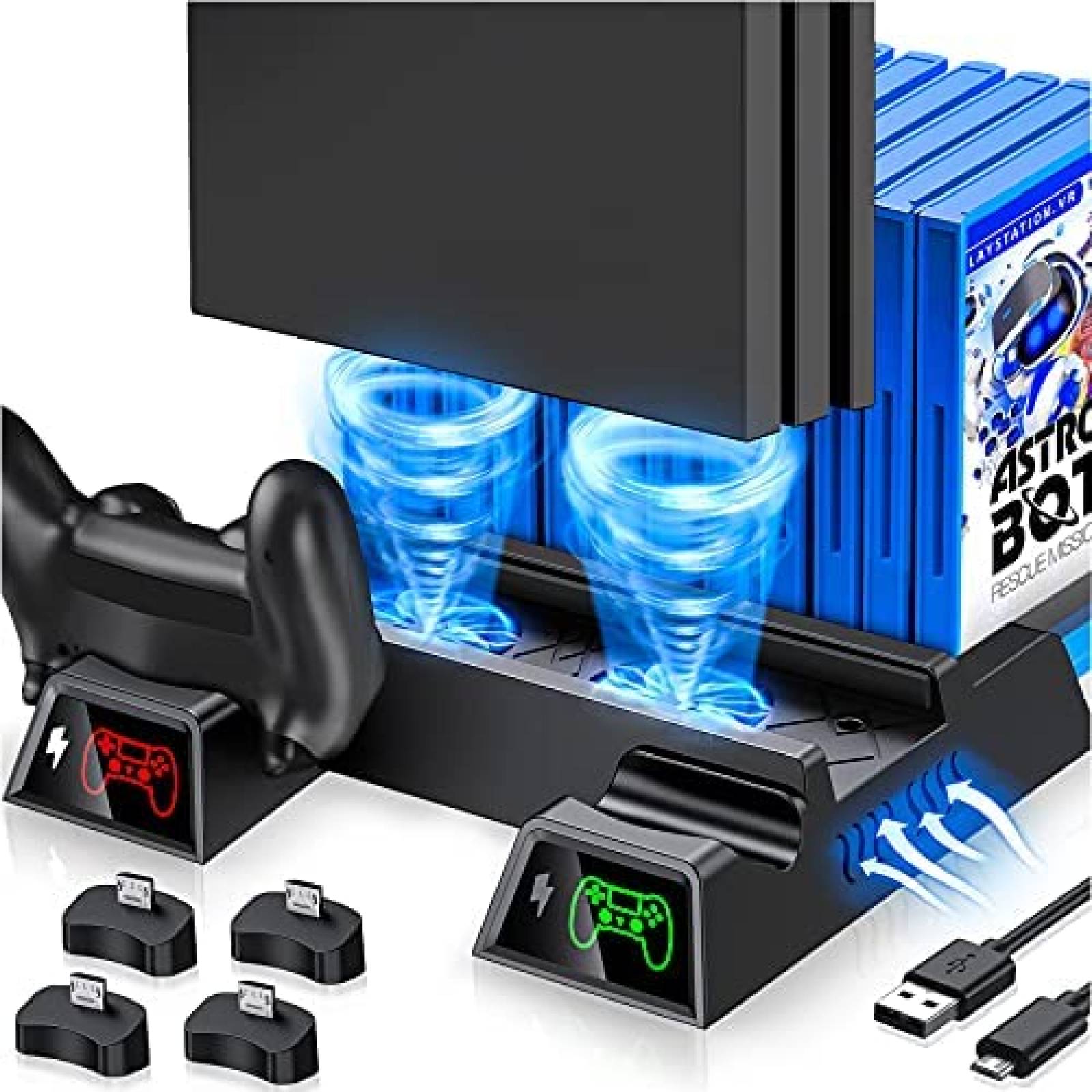 Soporte con HUB y luz azul para PS4, base vertical de luz LED azul con 3  puertos USB HUB para consola Sony Playstation 4 PS4 (negro)