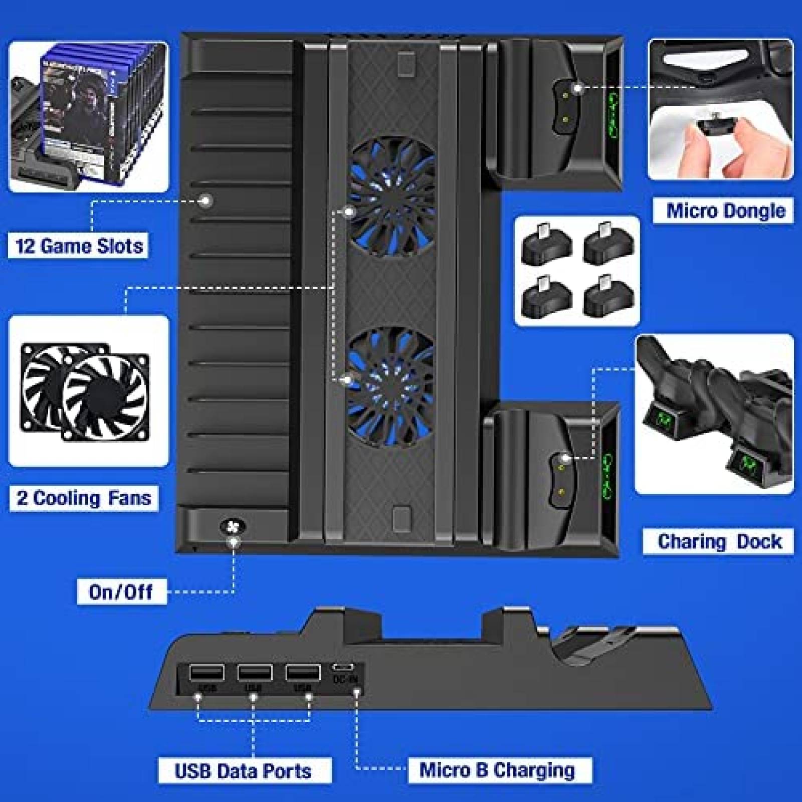 Soporte Ventilador/Cargador Kawaye para PS4+Controles -Negro