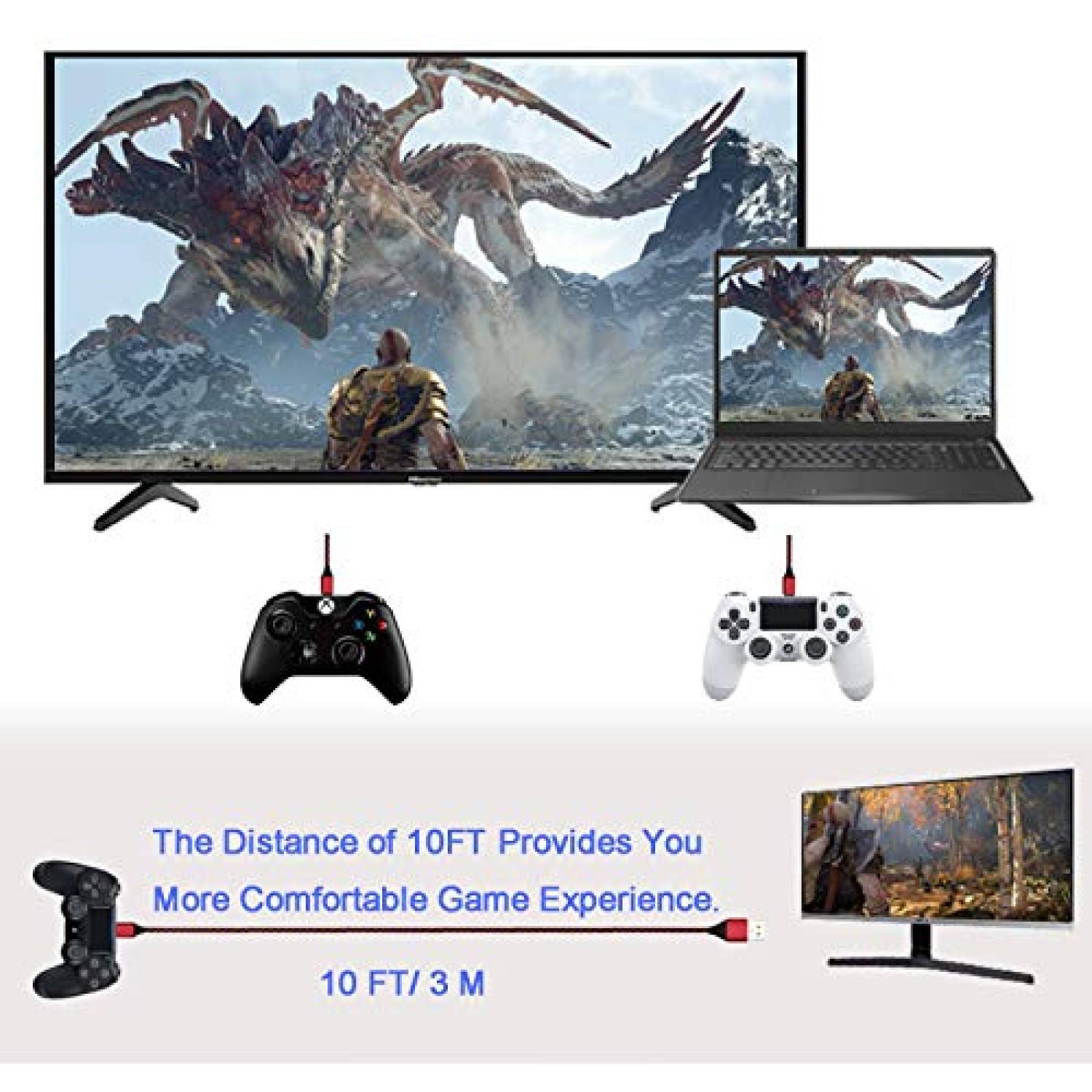 Pack cable control PS4 Olort x2 10ft 0.48gbps -Rojo/azul