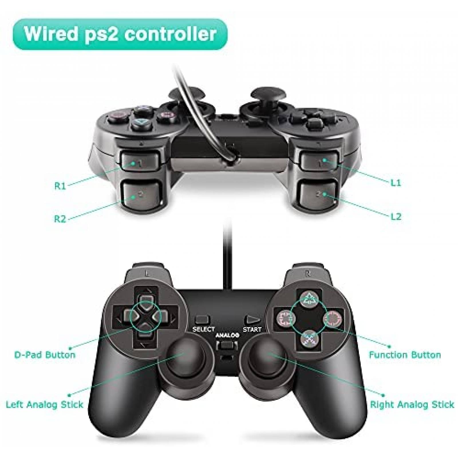 Control para consola PS2 Xahpower con cable -Negro