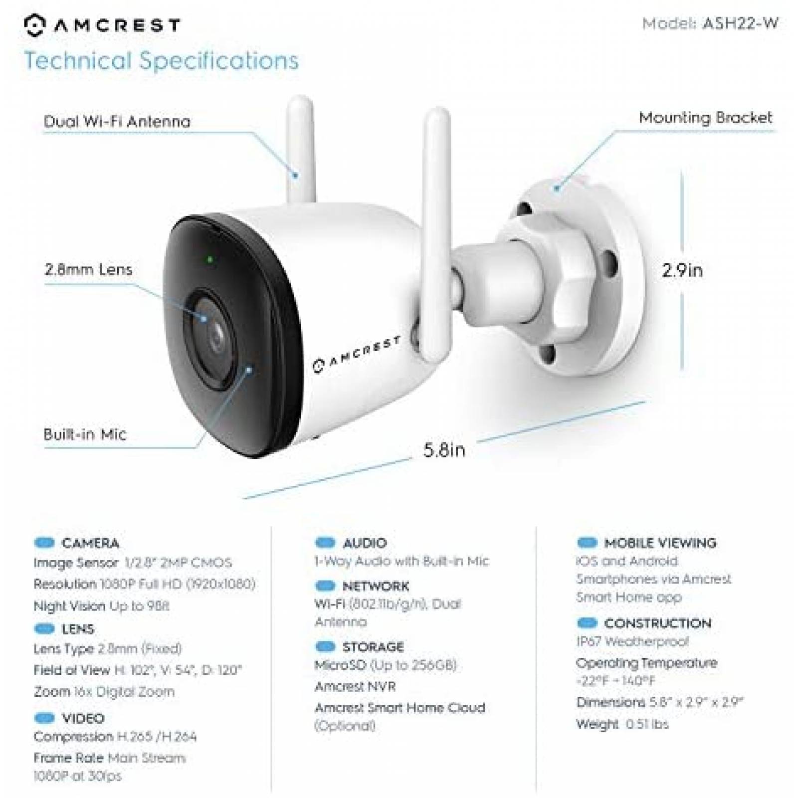 Camara de Seguridad Amcrest ASH22-W 1080P WiFi 2MP -Blanco