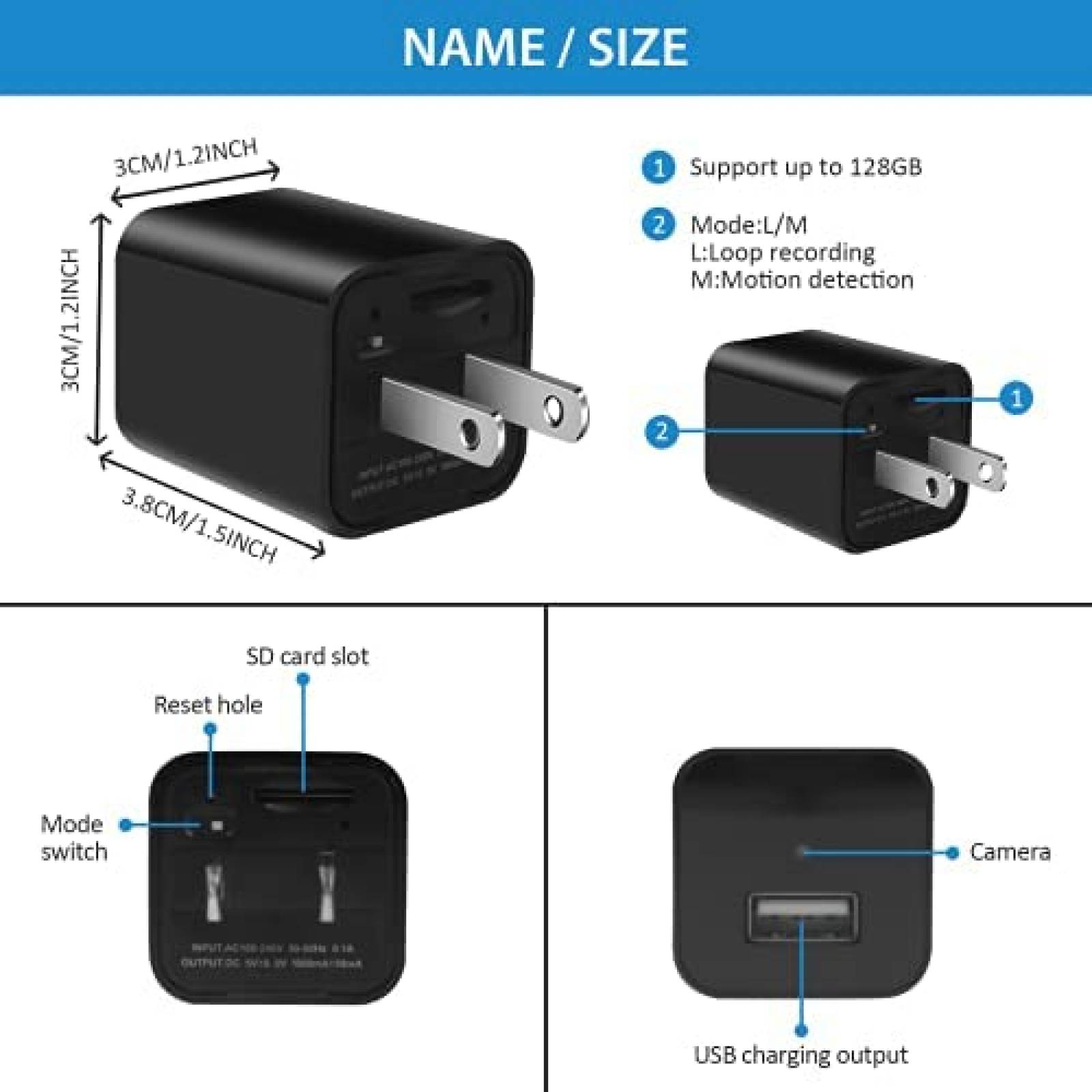 Cargador Kcomotee Con Mini Camara Espia 1080P -Negro