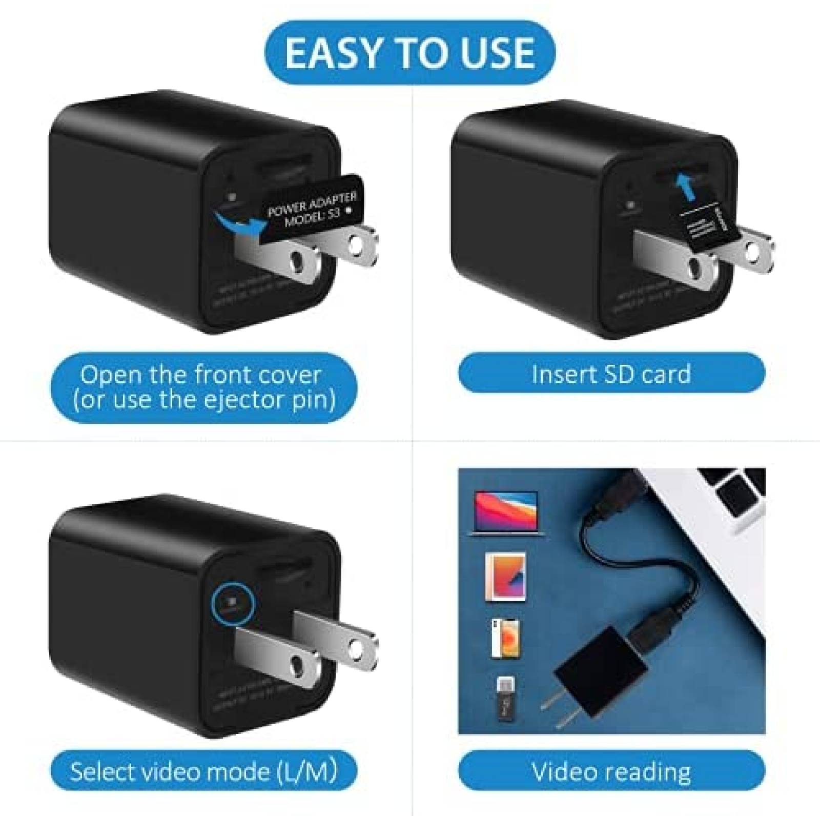 Cargador Kcomotee Con Mini Camara Espia 1080P -Negro