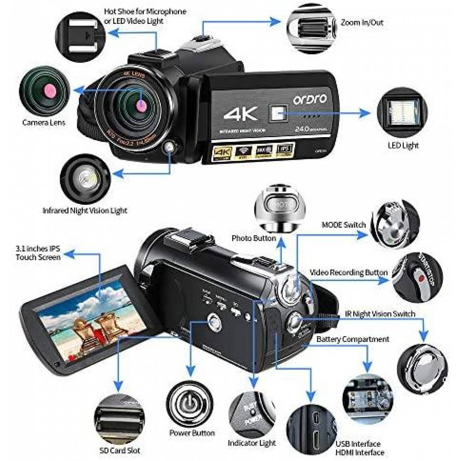 Videocamara ORDRO AC3 1080P 60FPS 3.1" IPS LCD 4K -Negro