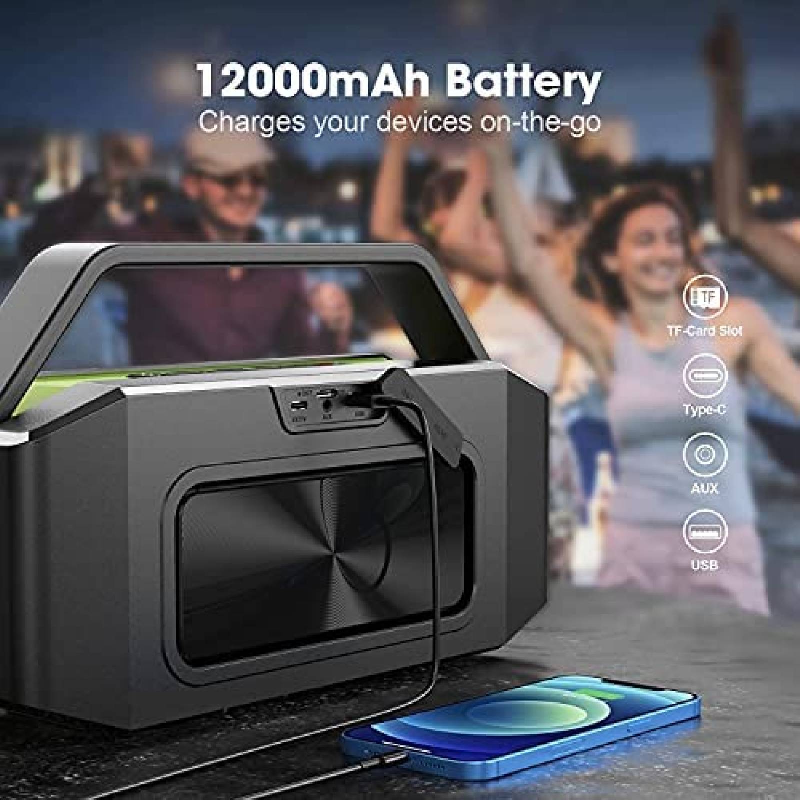 Bocina Portatil W-KING Bluetooth de 60W 40H -Verde/Gris