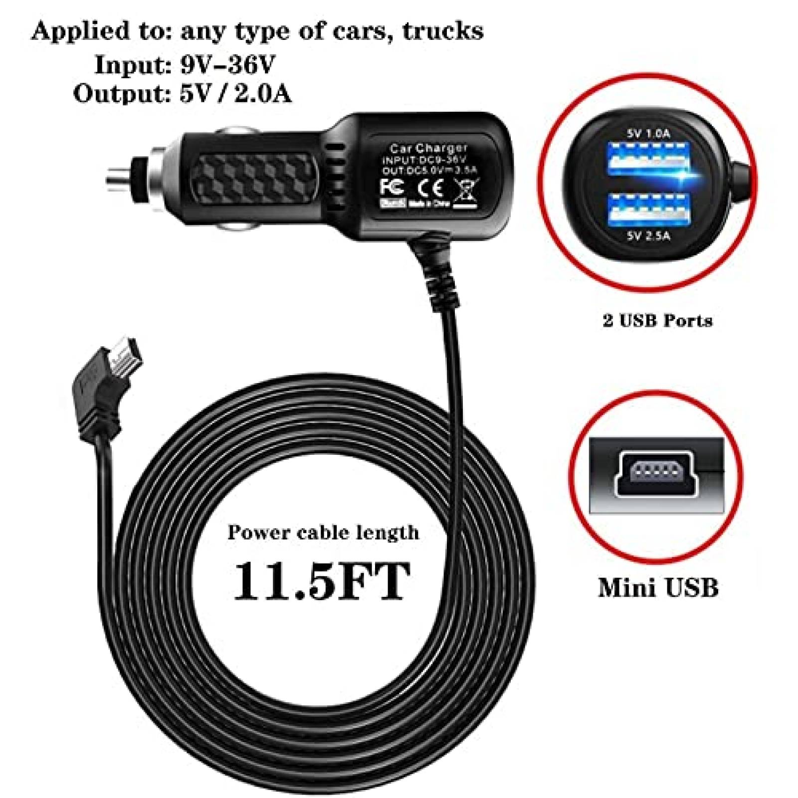 Cable ATYFUER Mini Cargador USB Para Coche 12V-24V -Negro