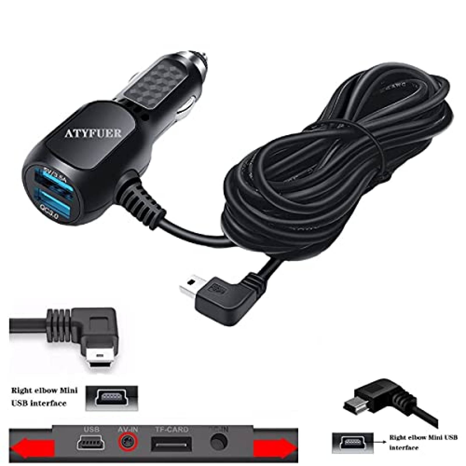 Cable ATYFUER Mini Cargador USB Para Coche 12V-24V -Negro