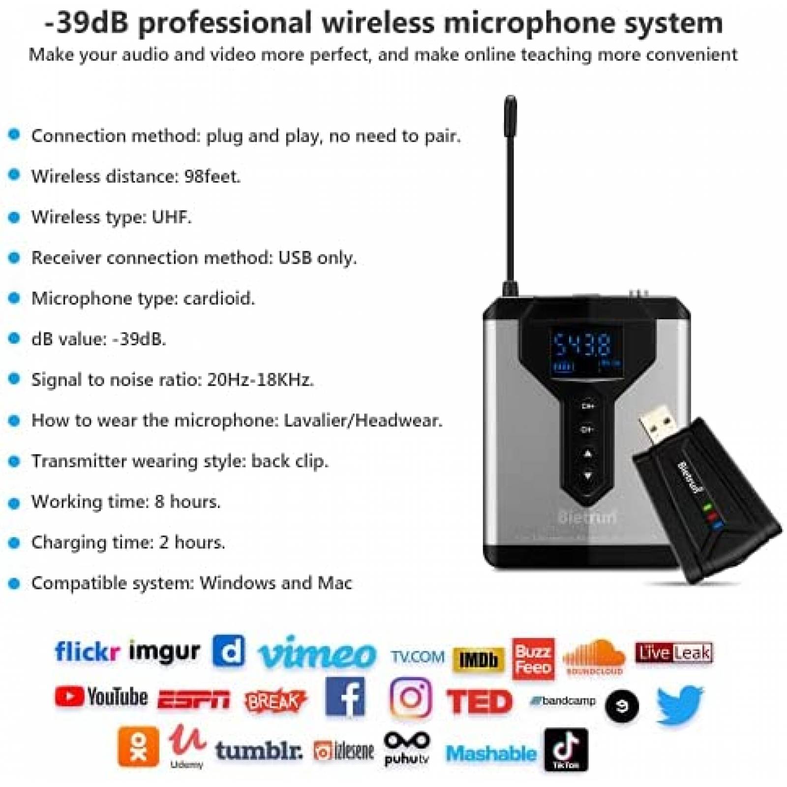 Microfono Lavalier Inalambrico Bietrun de 8H USB -Plata