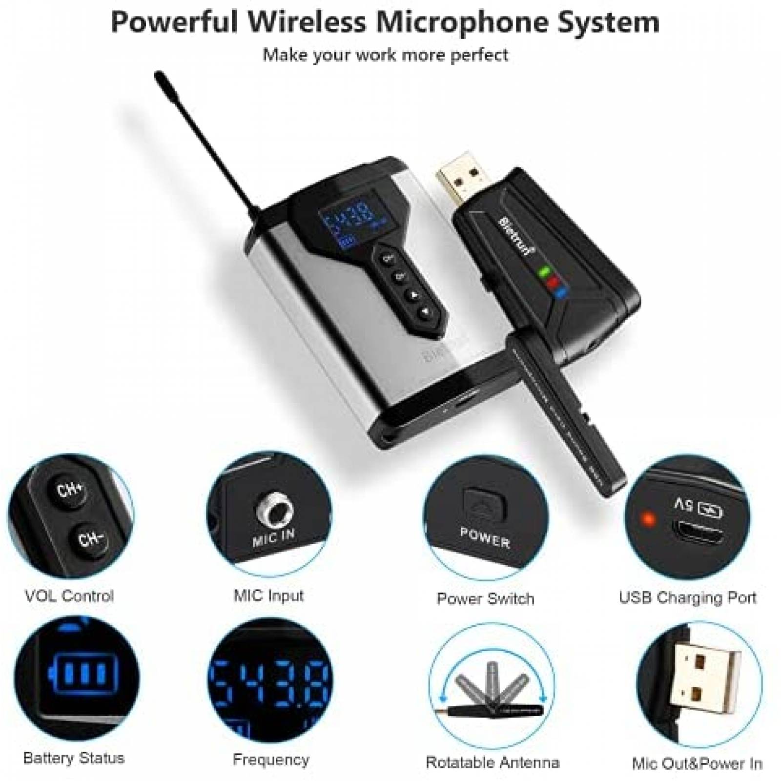 Microfono Lavalier Inalambrico Bietrun de 8H USB -Plata