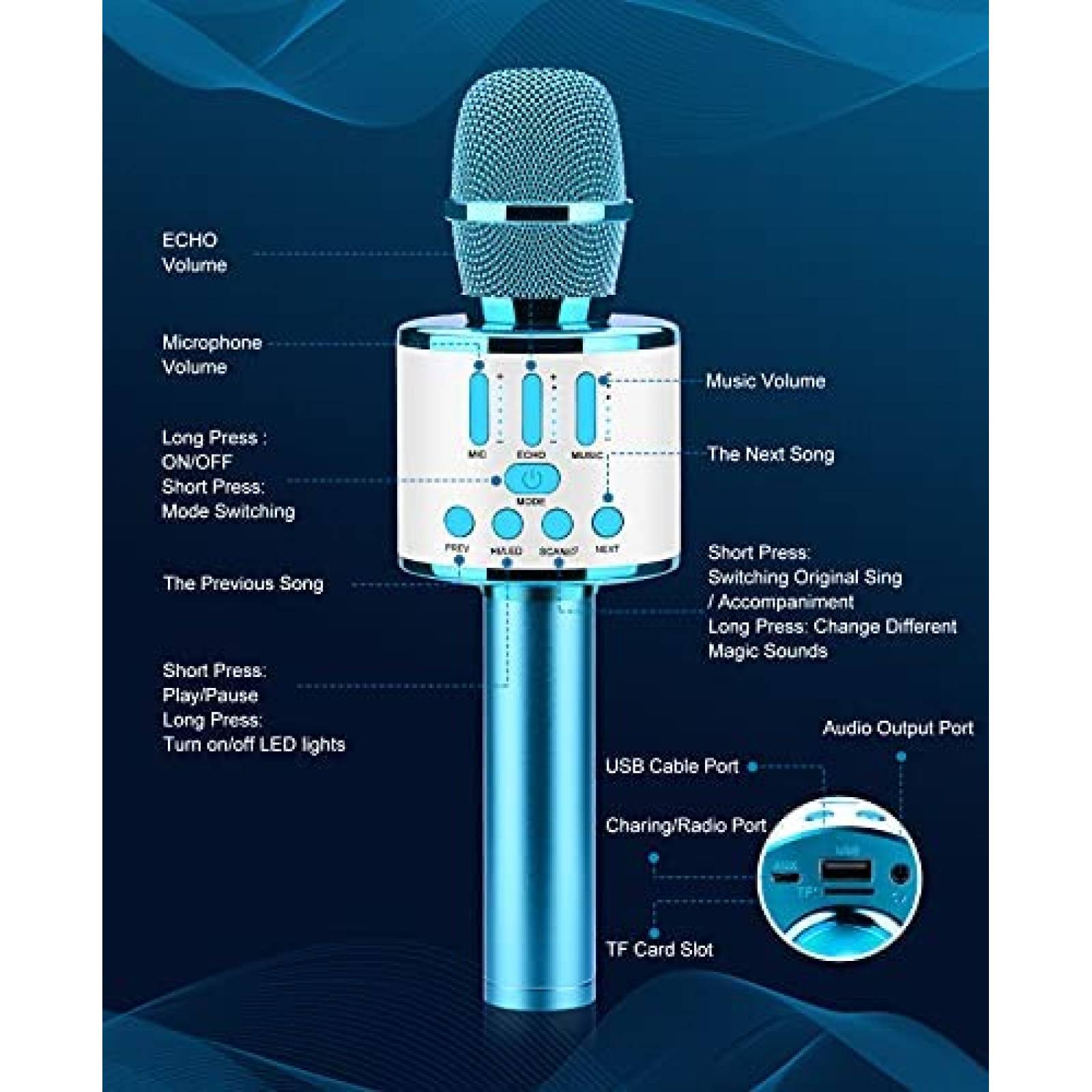 MIcrofono Bluetooth FISHOAKY de Karaoke para Nios -Azul