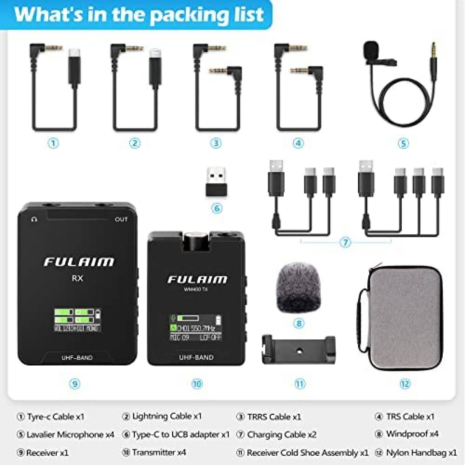 Sistema de microfono FULAIM WM400 UHF inalambrico Lavalier