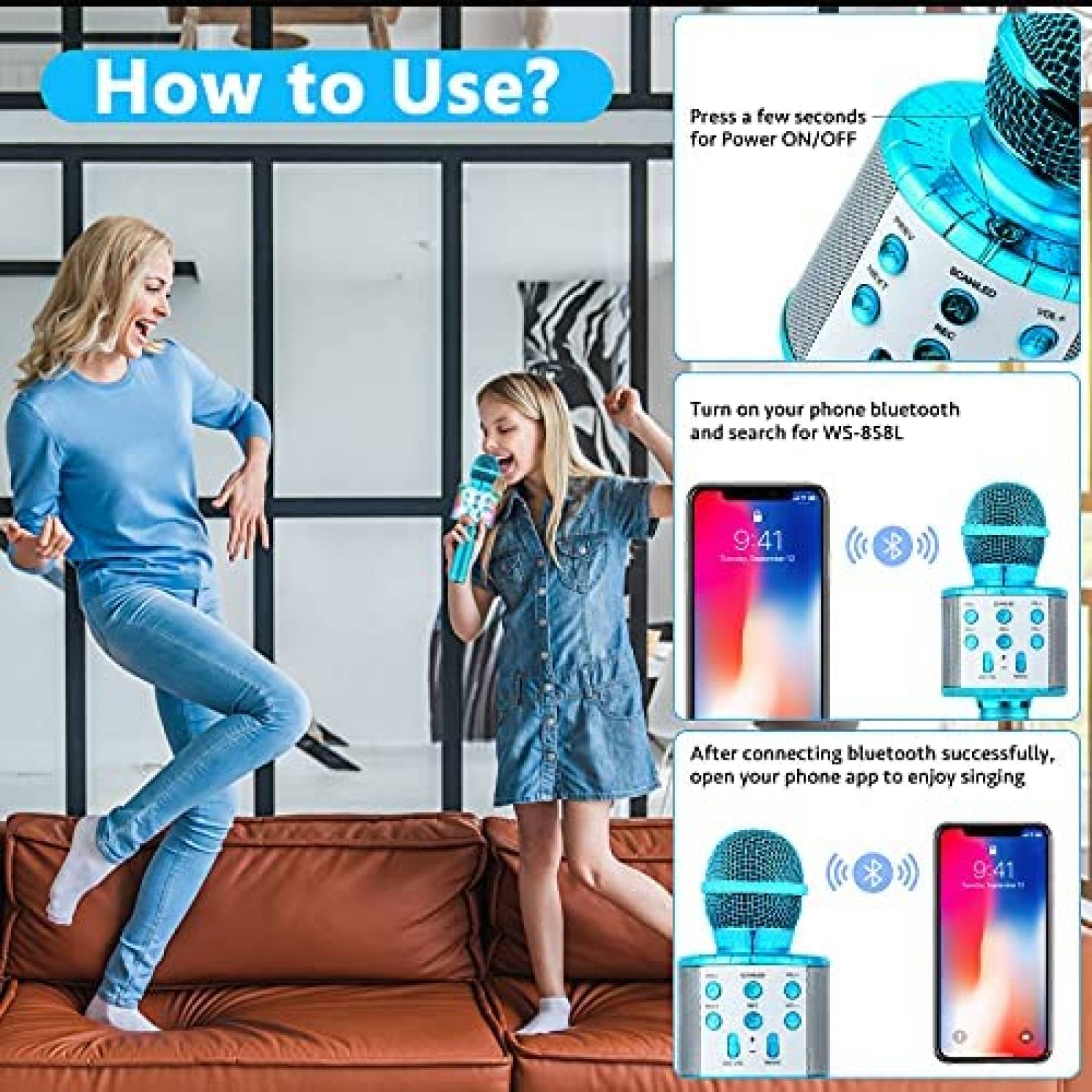 Microfono Inalambrico Milerong 5 en 1 para Nios -Celeste