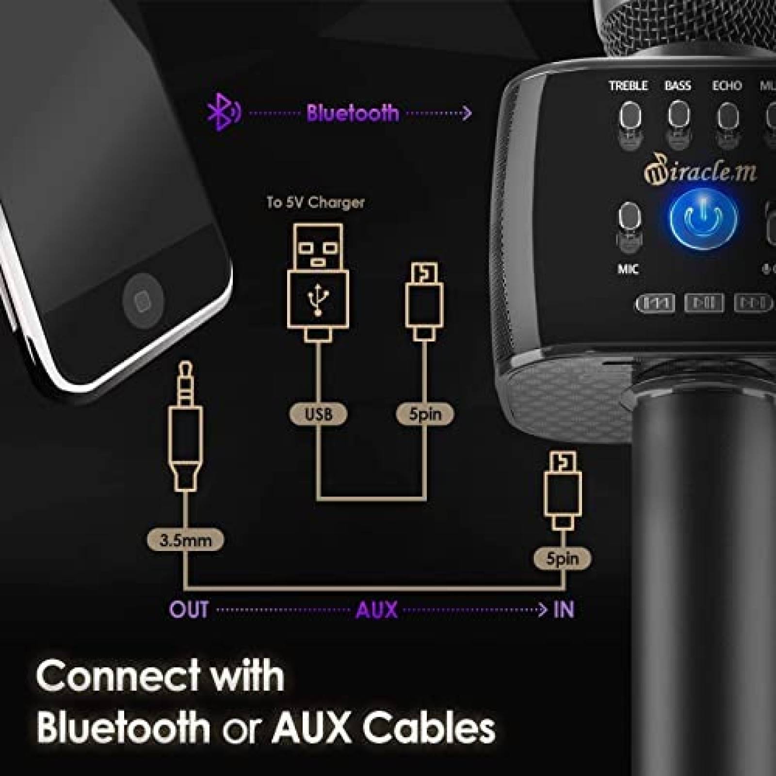 Microfono Miracle,m M75 Bluetooth para Karaoke -Negro
