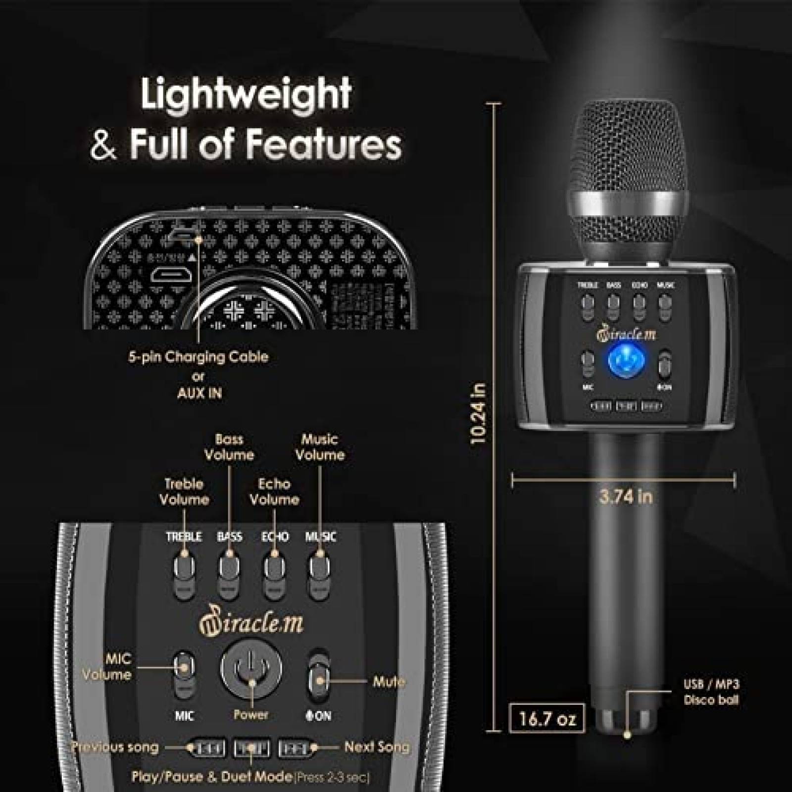 Microfono Miracle,m M75 Bluetooth para Karaoke -Negro