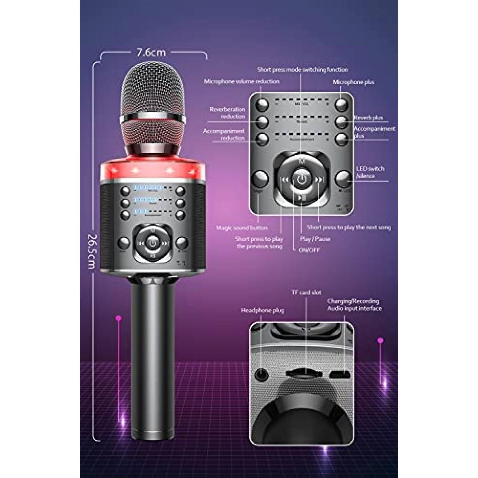 Microfono inalambrico para karaoke XZL con luz lED -Gris