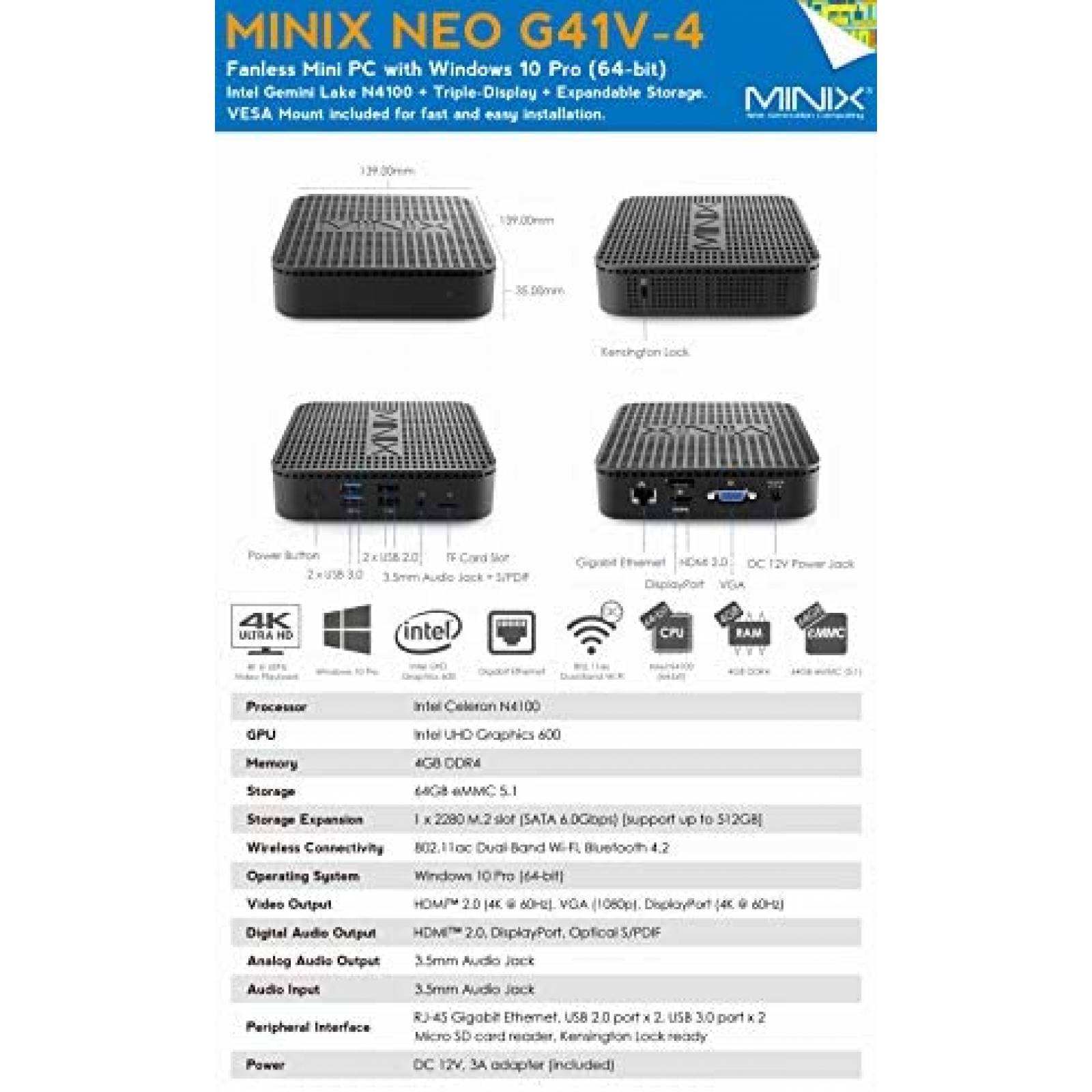 Mini PC Minix NEO G41V-4 Max Gemini Lake N4100 4GB 128GB